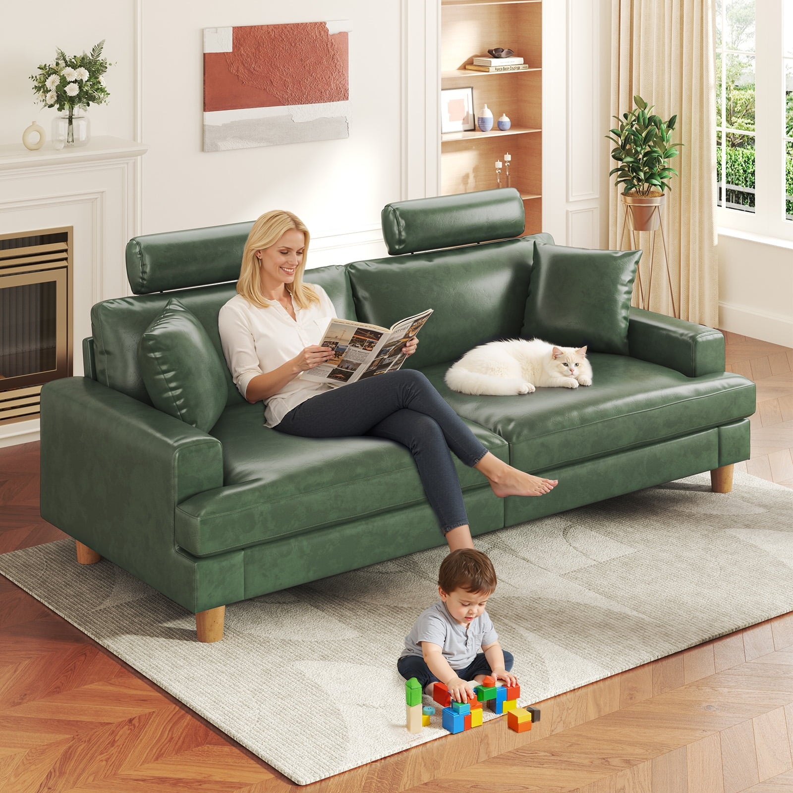 87 Sofa Premium PU Leather Couch with Headrest, Comfy 27 Extra Deep Seat 3 Seater Sofa for Living Room, Includes 2 Pillows, Black