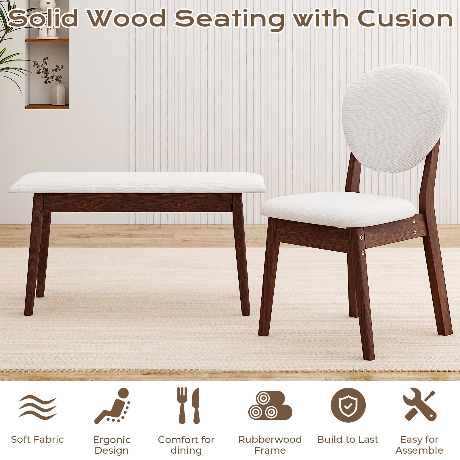 Ktaxon Solid Wood Dining Table Set for 6, Mid-Century Dining Room Table with 4 Padded Chairs & Bench, 47.3 Dining Room Set for 4~6 Family Use, Natural Wood