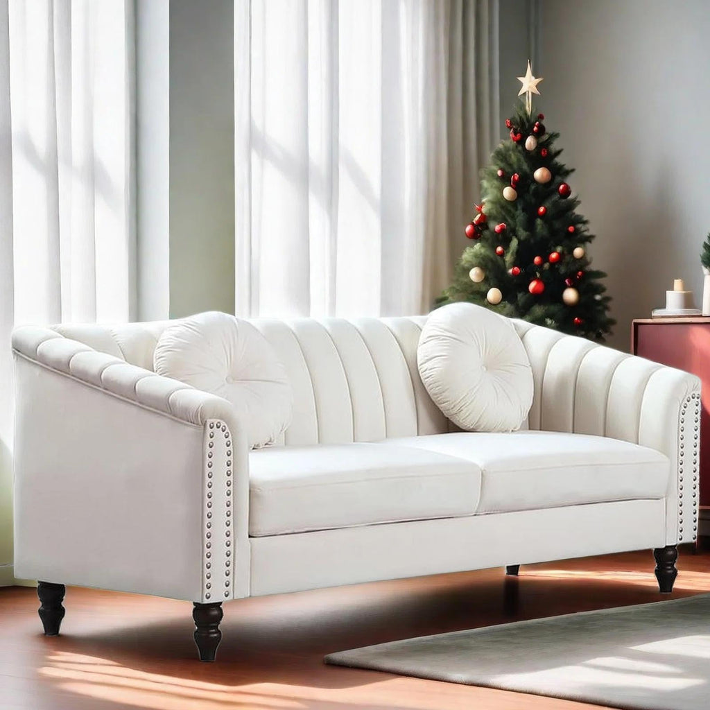 Gewnee 86.6 Modern Sofa Couch,Teddy Velvet 3 Seaters Comfy Couch with Deep Seat for Living Room,2 Pillows,Beige