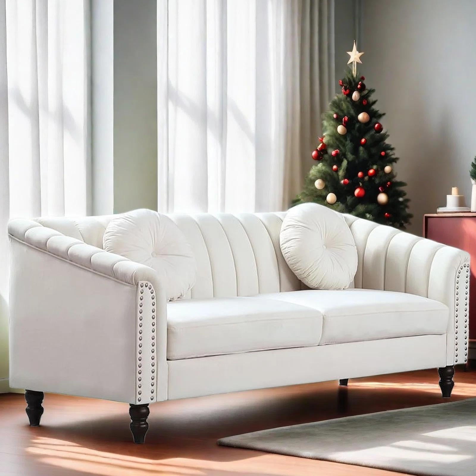 Gewnee 86.6 Modern Sofa Couch,Teddy Velvet 3 Seaters Comfy Couch with Deep Seat for Living Room,2 Pillows,Beige