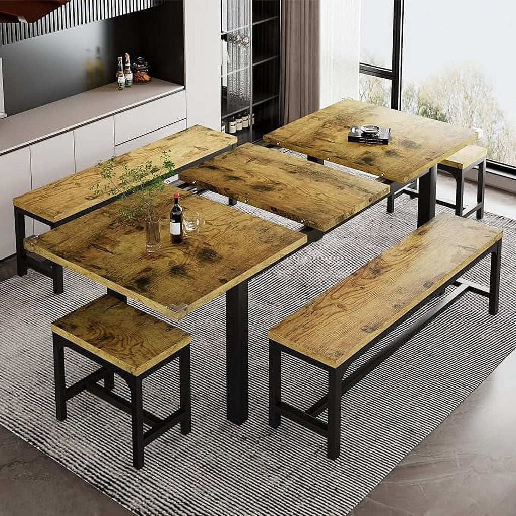 iPormis 5-Piece Dining Table Set for 4-8 People, Extendable Kitchen Table Set with 2 Benches and 2 Square Stools, Espresso