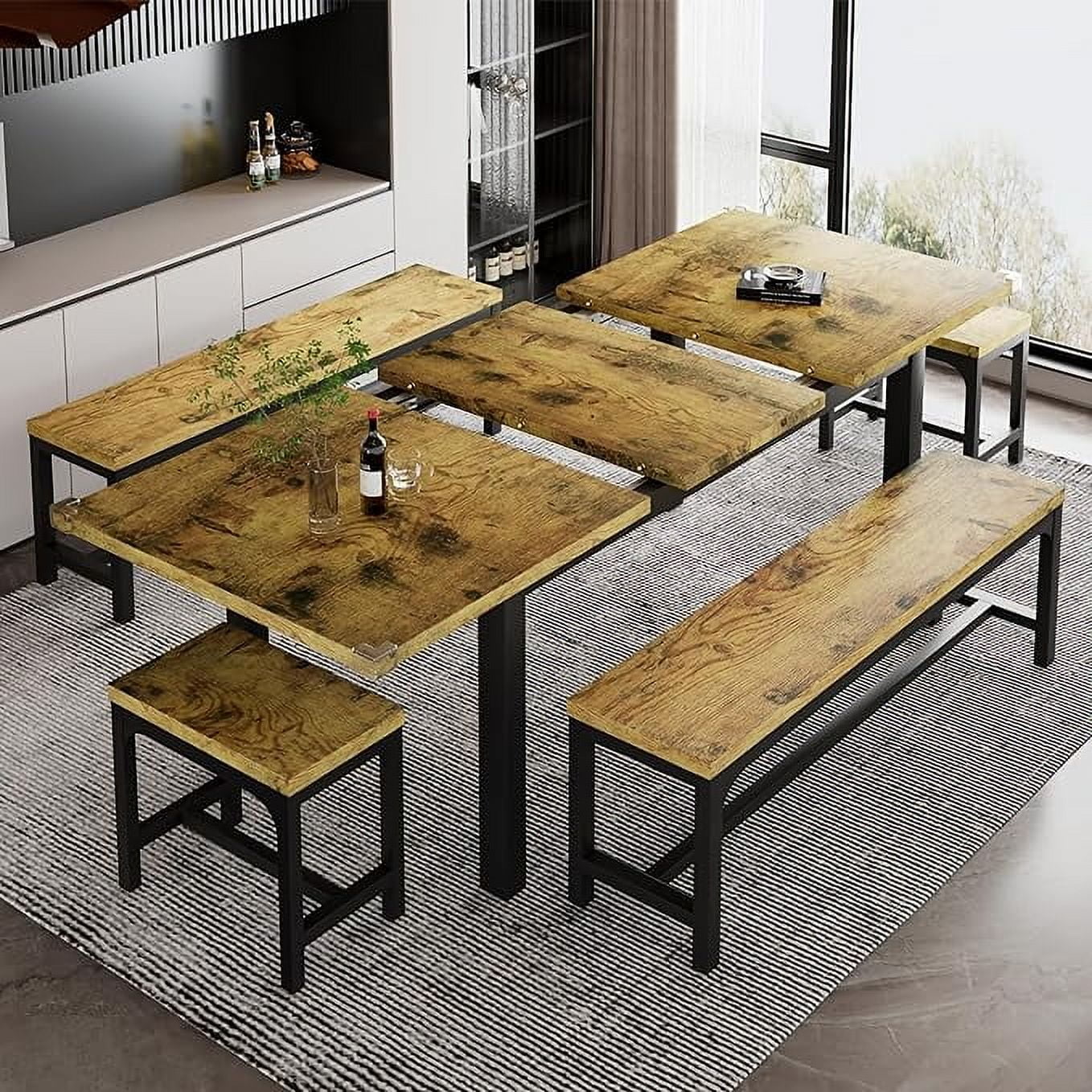 iPormis 5-Piece Dining Table Set for 4-8 People, Extendable Kitchen Table Set with 2 Benches and 2 Square Stools, Espresso