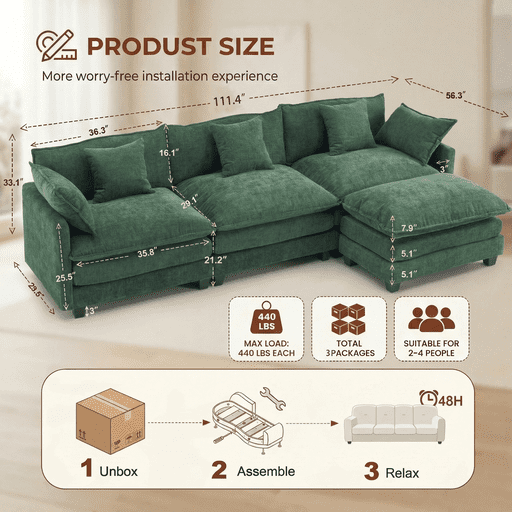 Dioepic Cloud Chenille 3-Seat Living Room Sectional Sofa Modern Cloud Couch 111.4 with Ottoman & 3 Pillows, Grey