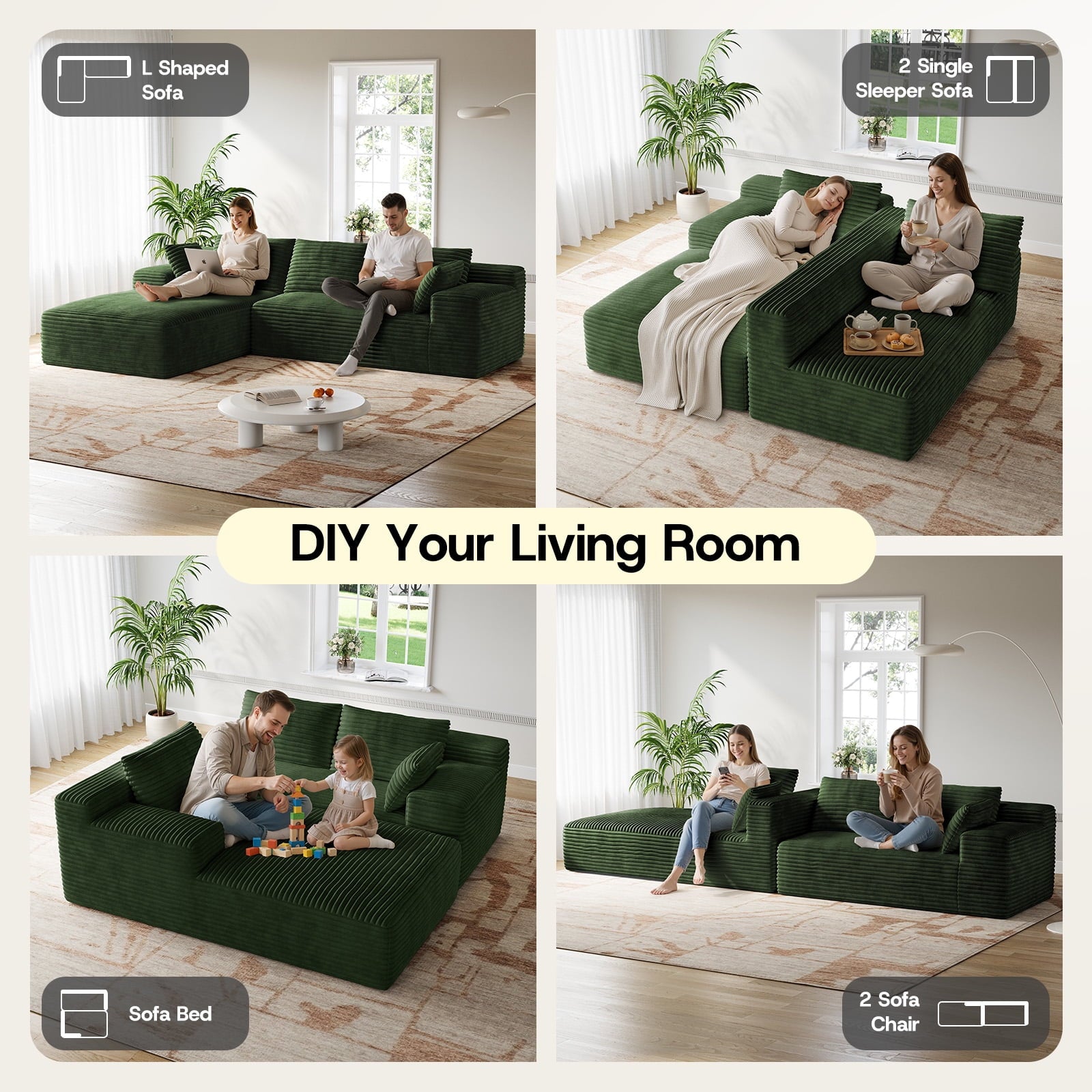 Patbrela 106 Sectional Couch for Living Room, L-Shaped Boneless Cloud Couch Corduroy Modern Sectional Sofa with Deep Seat and Thickened Cushion, No Assembly Required, Black