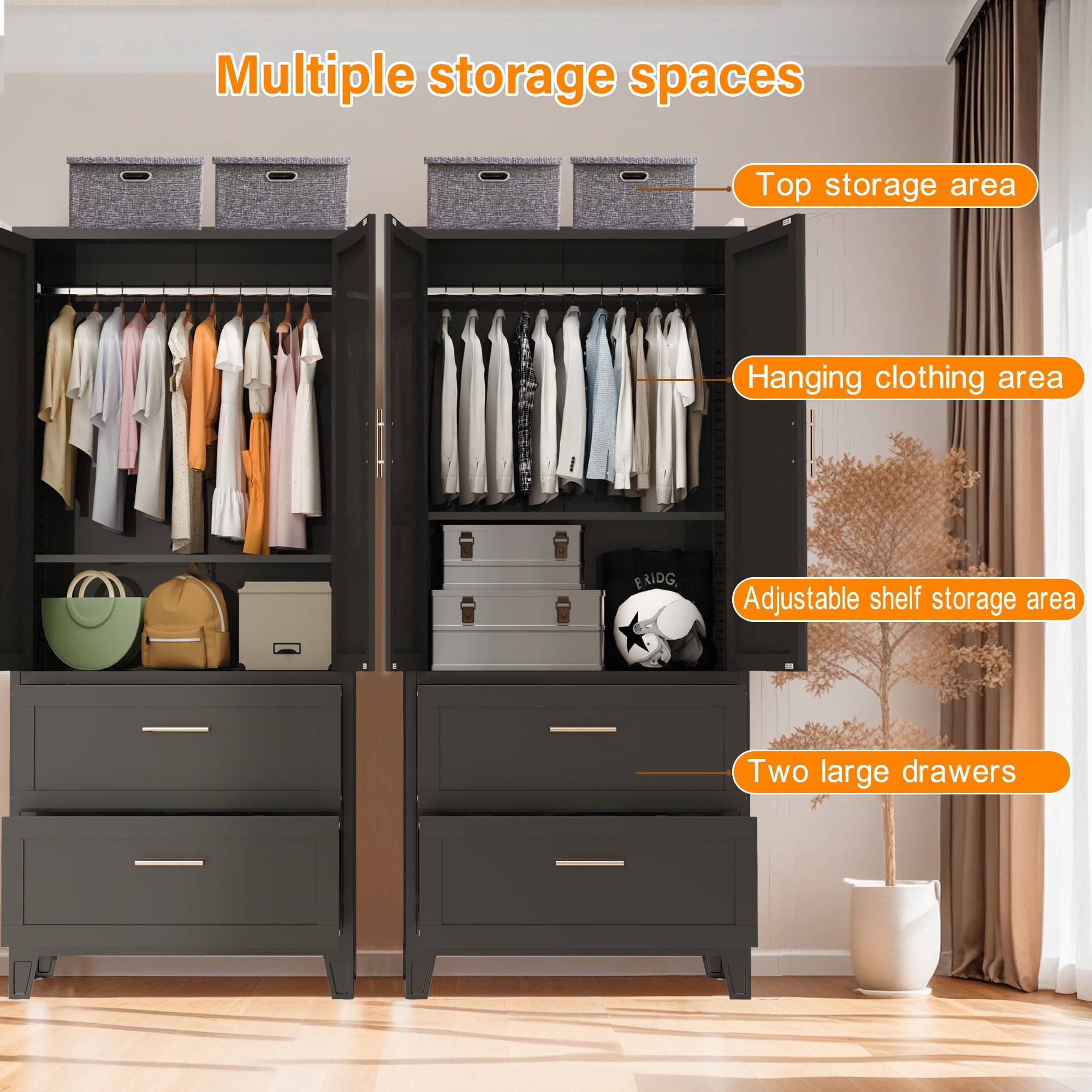 avobird 60 Tall Metal Wardrobe Cabinet with 1 Drawer and Hanging Rod, 2 Doors Wardrobe Closet with Shelf for Bedroom, Beige