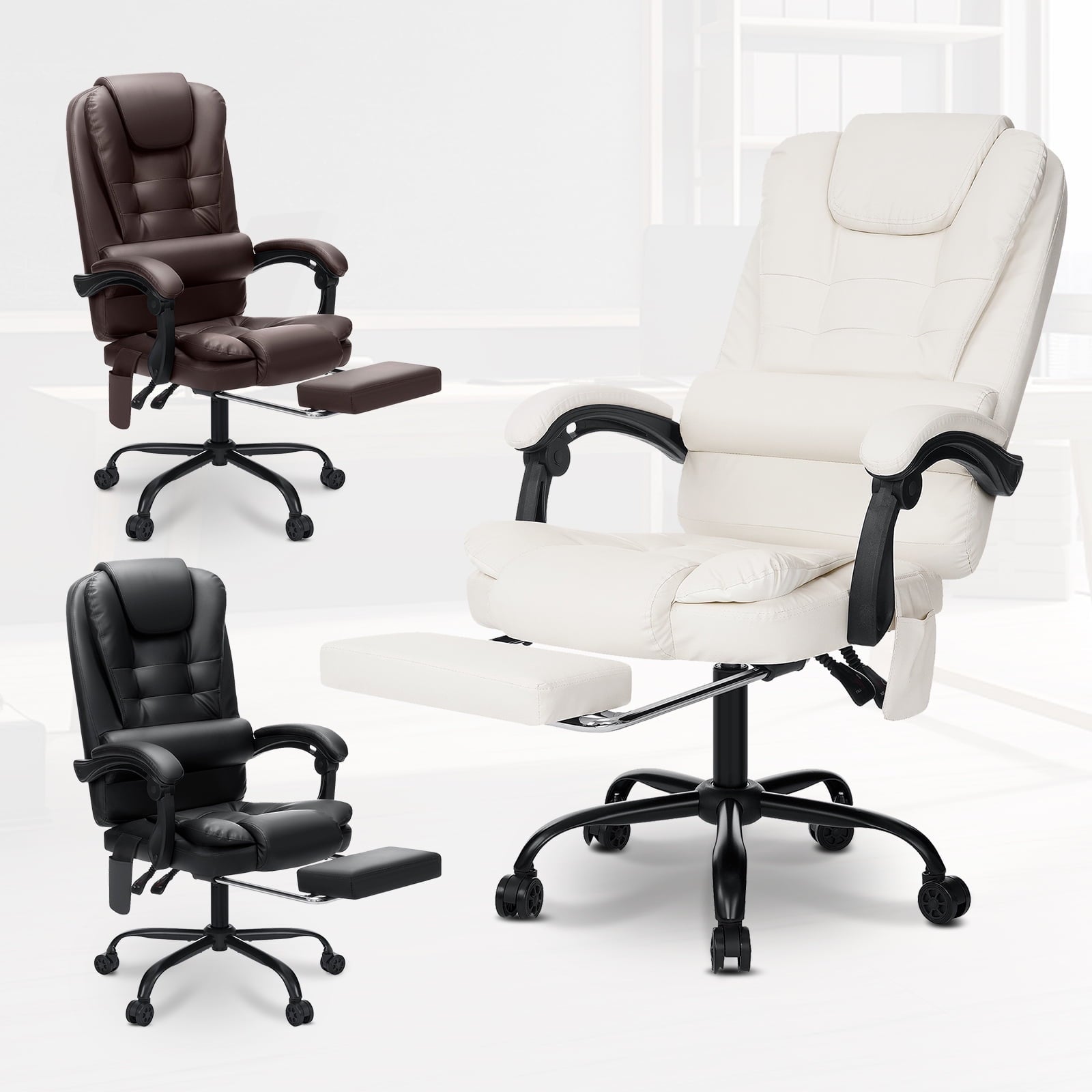 Hoffree Executive Office Chair Massage and Footrest Ergonomic Computer Desk Chair Reclining High Back Leather Office Chair Lumbar Back Support Swivel Rolling for Home Office Black
