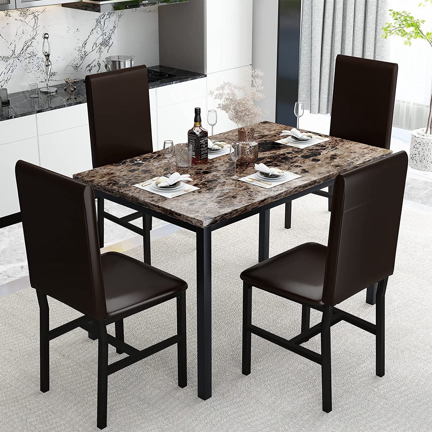 MIERES 5 Piece Dinning Table Sets for 4, Marble Kitchen Table and Chairs for 4,Dining Room Table Set with PU Leather Chairs,Faux Marble Dining Set for Small Spaces,Living Room,White+Brown