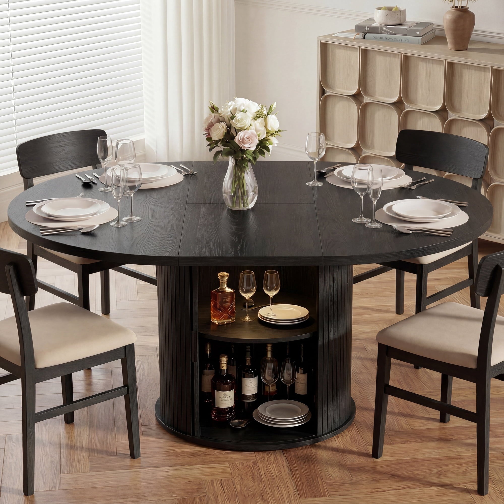 EOP 47″- 63″ Extendable Round Dining Table for 4-6, Wooden Kitchen Table with Hidden Storage and Fluted Sliding Door Cabinet, Modern Space-Saving Table for Dining Room Kitchen, Walnut