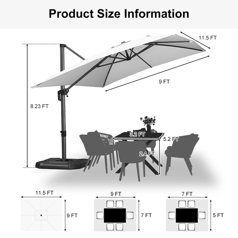 PURPLE LEAF OUTDOOR 10x13 FT Extra Large Rectangle Cantilever Umbrella with Base - 360° Rotating Heavy-Duty Aluminum Frame, Waterproof Graphite Grey Patio Sunshade for Oversized Pool Deck & Backyard