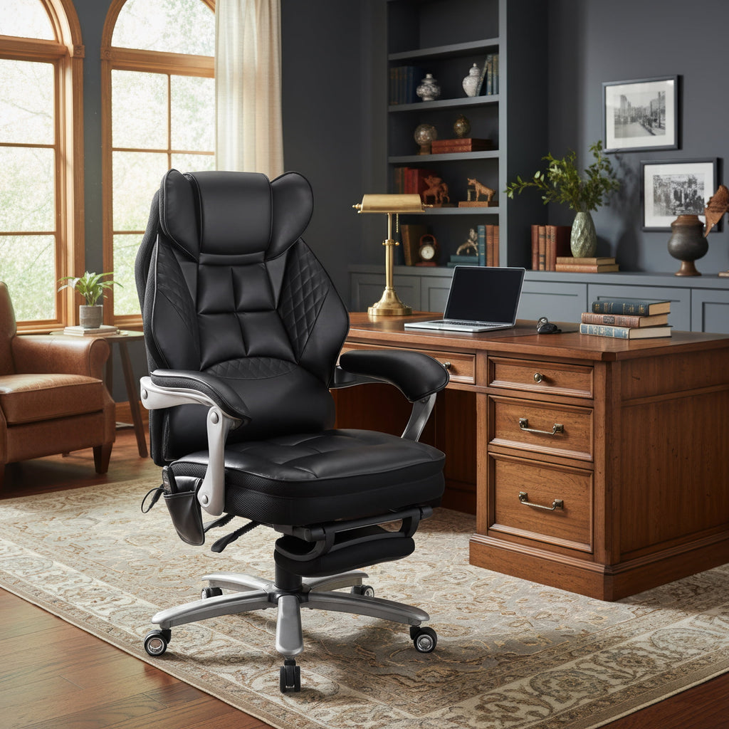 EOP Massage Office Chair with Heat and 4 Vibration Points, Ergonomic Executive Desk Chair with Adjustable Footrest, Big and Tall Swivel Computer Chair, Reclining Back, Black