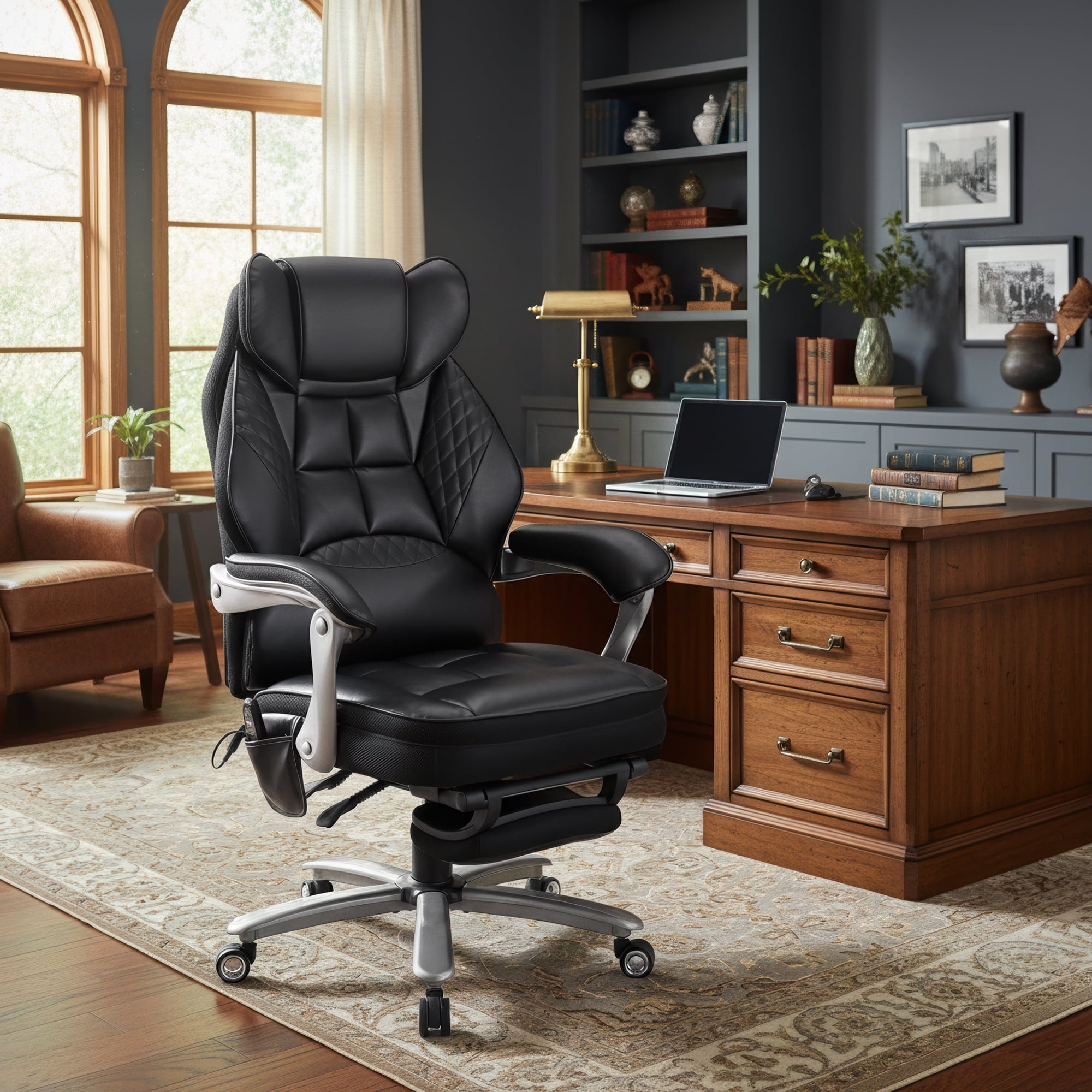 EOP Massage Office Chair with Heat and 4 Vibration Points, Ergonomic Executive Desk Chair with Adjustable Footrest, Big and Tall Swivel Computer Chair, Reclining Back, Black