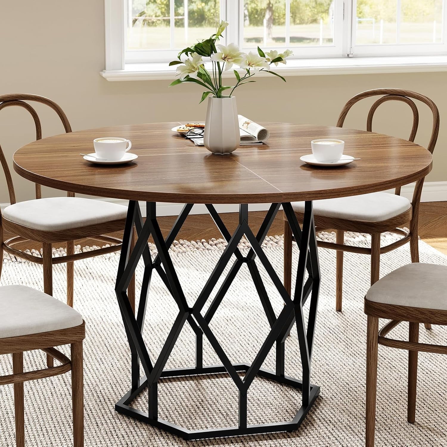 M optimized Round Dining Table for 4-6 People, 47 Farmhouse Kitchen Table, Modern Circle Dinner Table with Sturdy Base, Industrial Wood Dinning Room Table for Kitchen