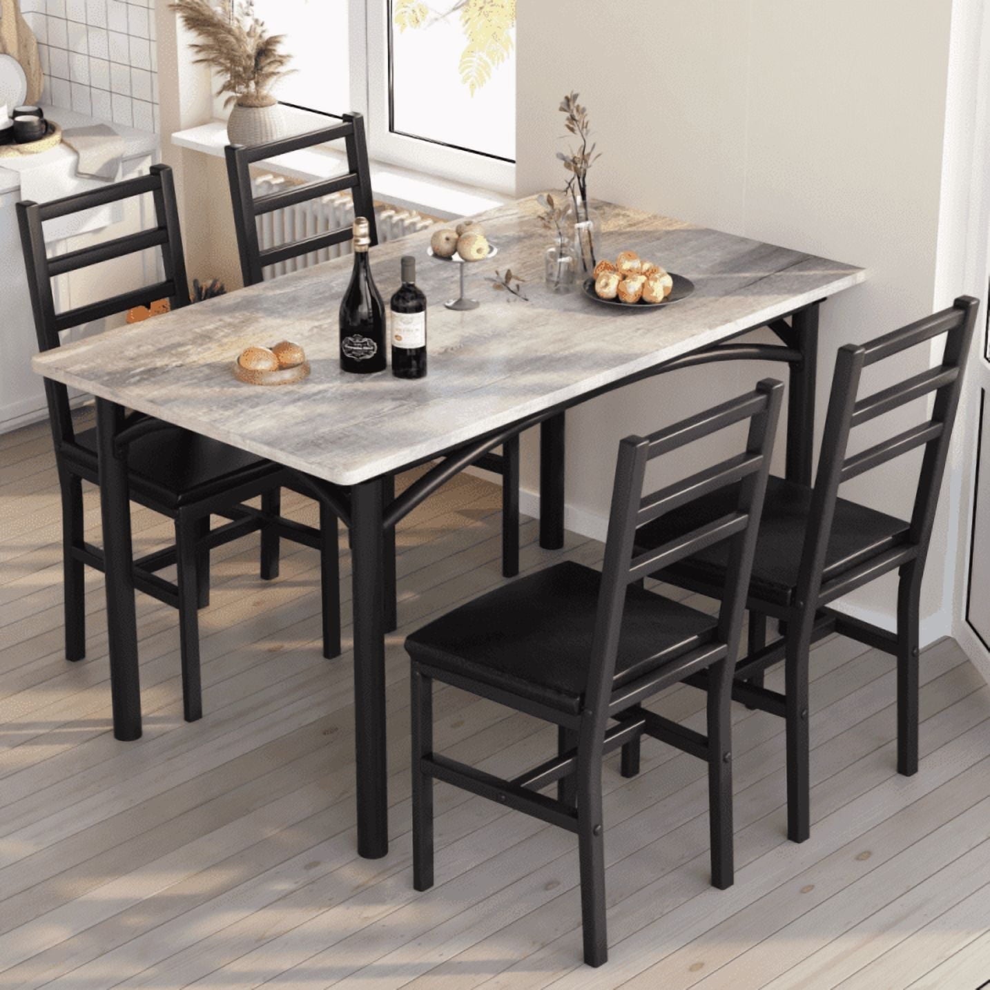 Baxluxe 4-person dining table set, farmhouse-style wooden kitchen dining table and chair set, farmhouse 5-piece dining table set with storage rack, small kitchen dining table set,Black