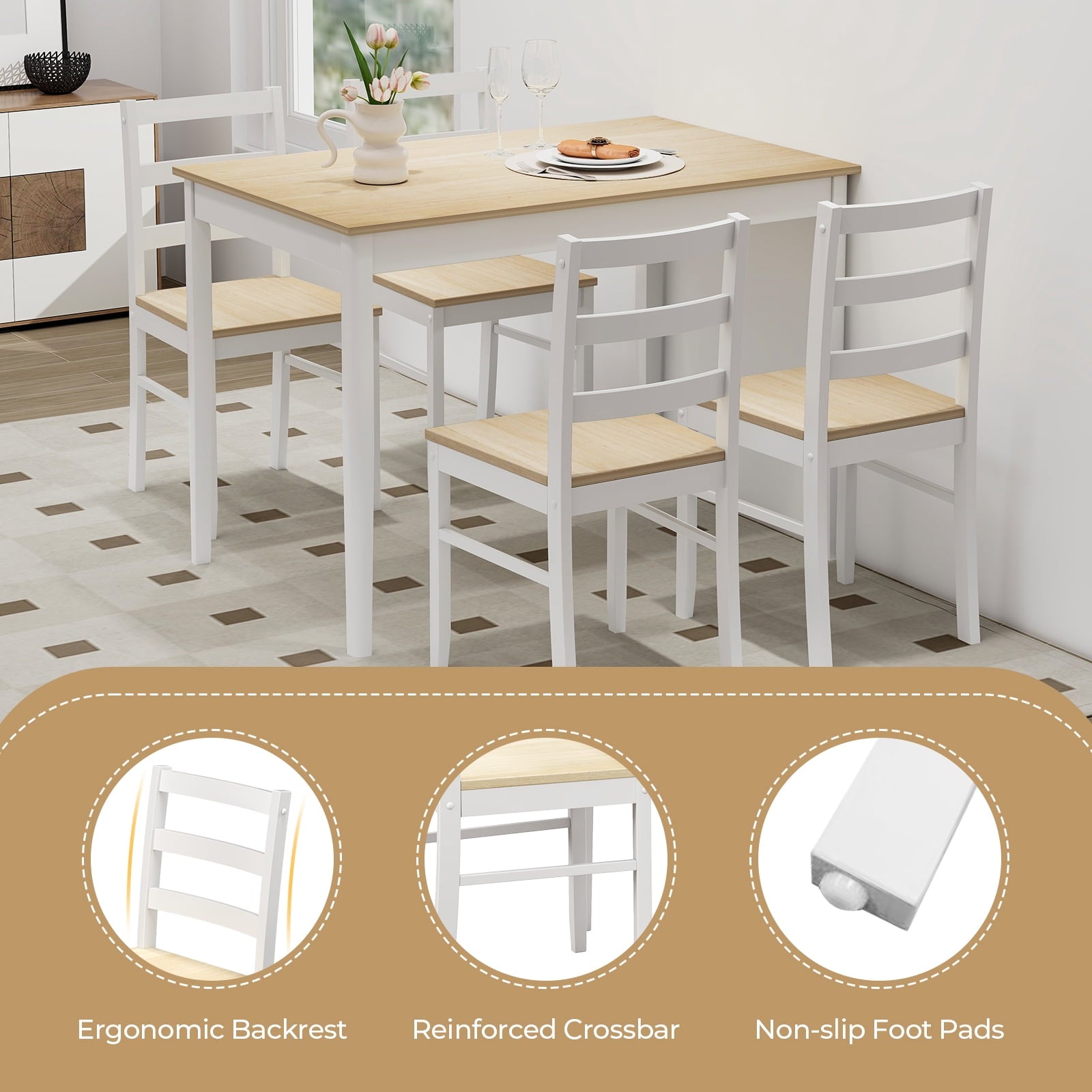 Costway 5-Piece Dining Set Solid Wood Kitchen Furniture with Rectangular Table & 4 Chairs