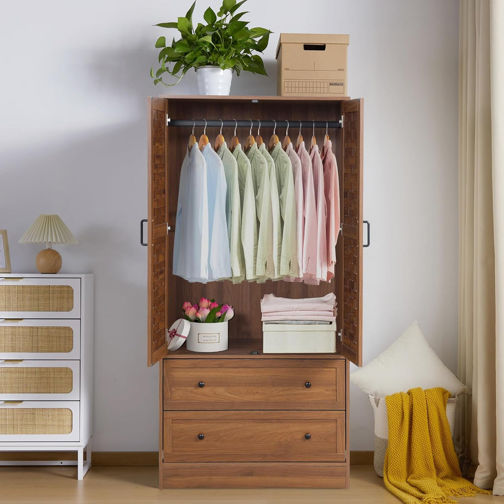 Wirrytor Freestanding Wooden Armoire Wardrobe with 2 Woven Doors and Storage Drawers, Space-Saving Closet Cabinet for Bedroom, Sturdy Mdf Board Closet with Hanging Rail