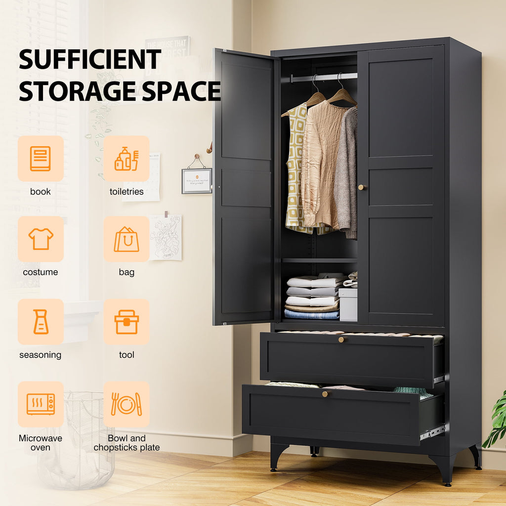 STANI Metal Wardrobe Closet with Hanging Rod, 72 White Armoire Wardrobe Cabinet with Adjustable Shelves, Clothes Storage Organizer Cabinets for Bedroom, Bathroom, Office