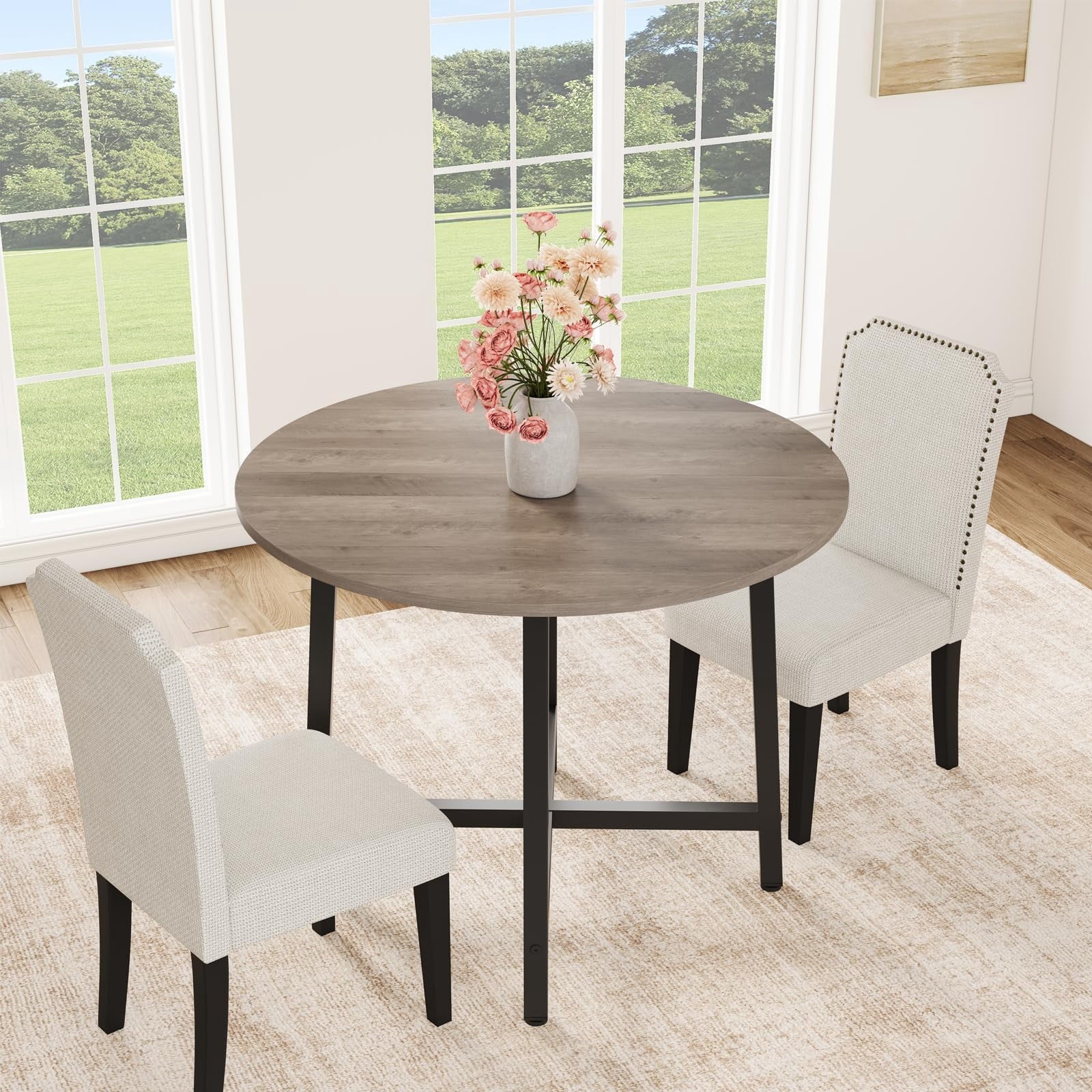 31.5 Round Dining Table for 4 People, Modern Wood Circle Kitchen Table with Sturdy Industrial Metal Frame, Small Space Saving Dining Room Table for Apartment & Breakfast Nook, (No Chairs), Walnut