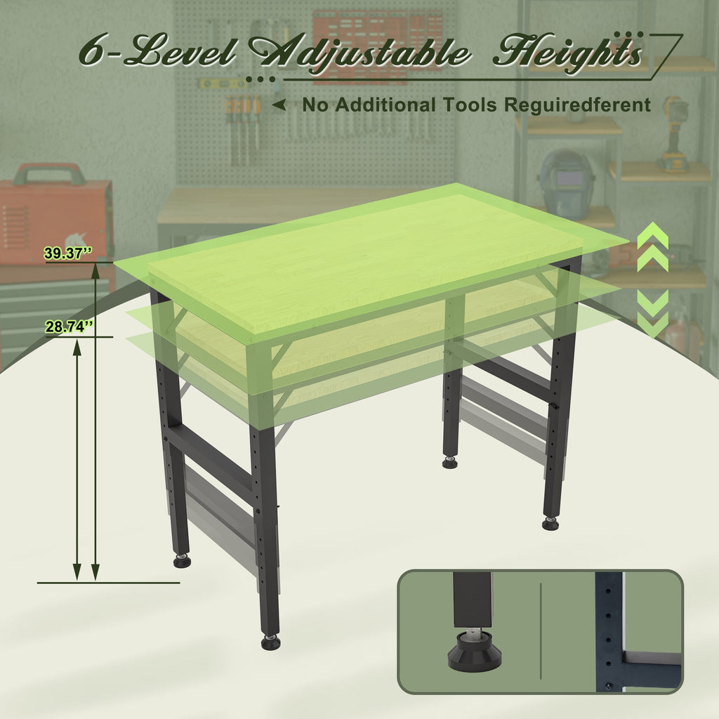 LZBEITEM 60 Adjustable Workbench for Garage, Rubber Wood Heavy Duty Workstation with Power Outlets, 2000 lbs Load Capacity Hardwood Worktable for Workshop, Garage, Office, Home, Commercial 23.62