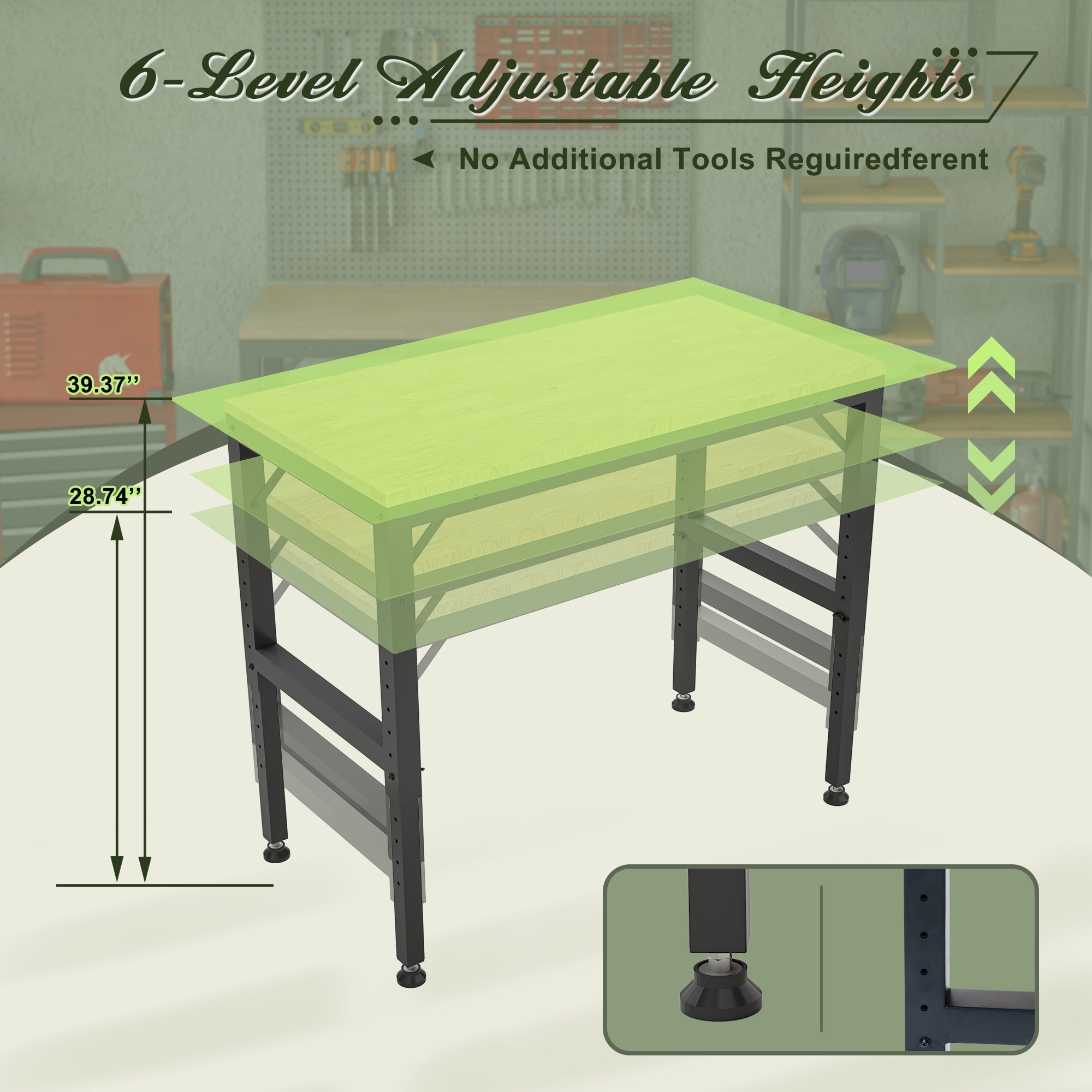 LZBEITEM 60 Adjustable Workbench for Garage, Rubber Wood Heavy Duty Workstation with Power Outlets, 2000 lbs Load Capacity Hardwood Worktable for Workshop, Garage, Office, Home, Commercial 23.62