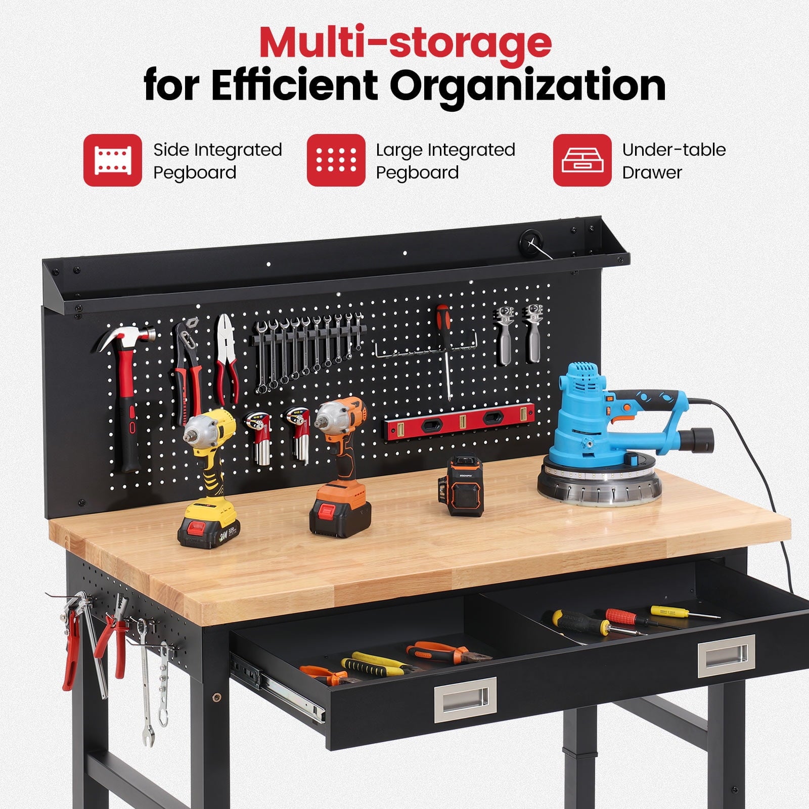 Workbench for Garage,ENJOYWOOD Heavy Duty 48 inch Wood Work Bench with Drawers,Led Lights, Pegboard and Wheels,Rubber Wood Tabletop,2000 LBS Load Bearing Workstation Garage Desk Table Worktable