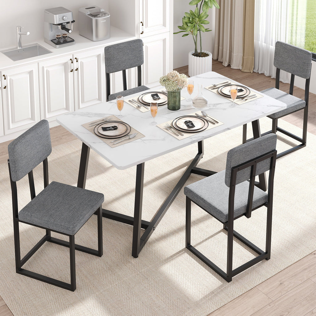 PORKISS 5 Piece Dining Table Set, Modern Faux Marble Tabletop and 4 Linen Upholstered Chairs, Rectangle Kitchen Table and Chairs for 4, White + Gray(Linen)