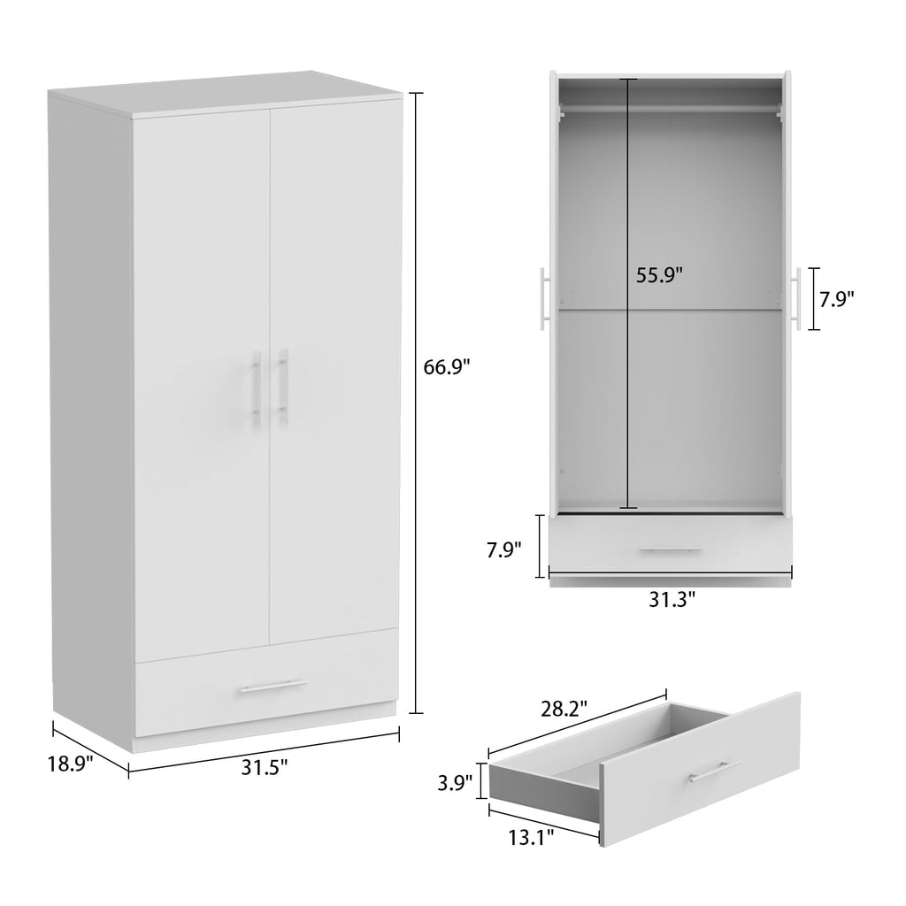 Wiawg 2 Door Wardrobe Armoire,Mirrored Closet Storage with Drawers and Shelves,White