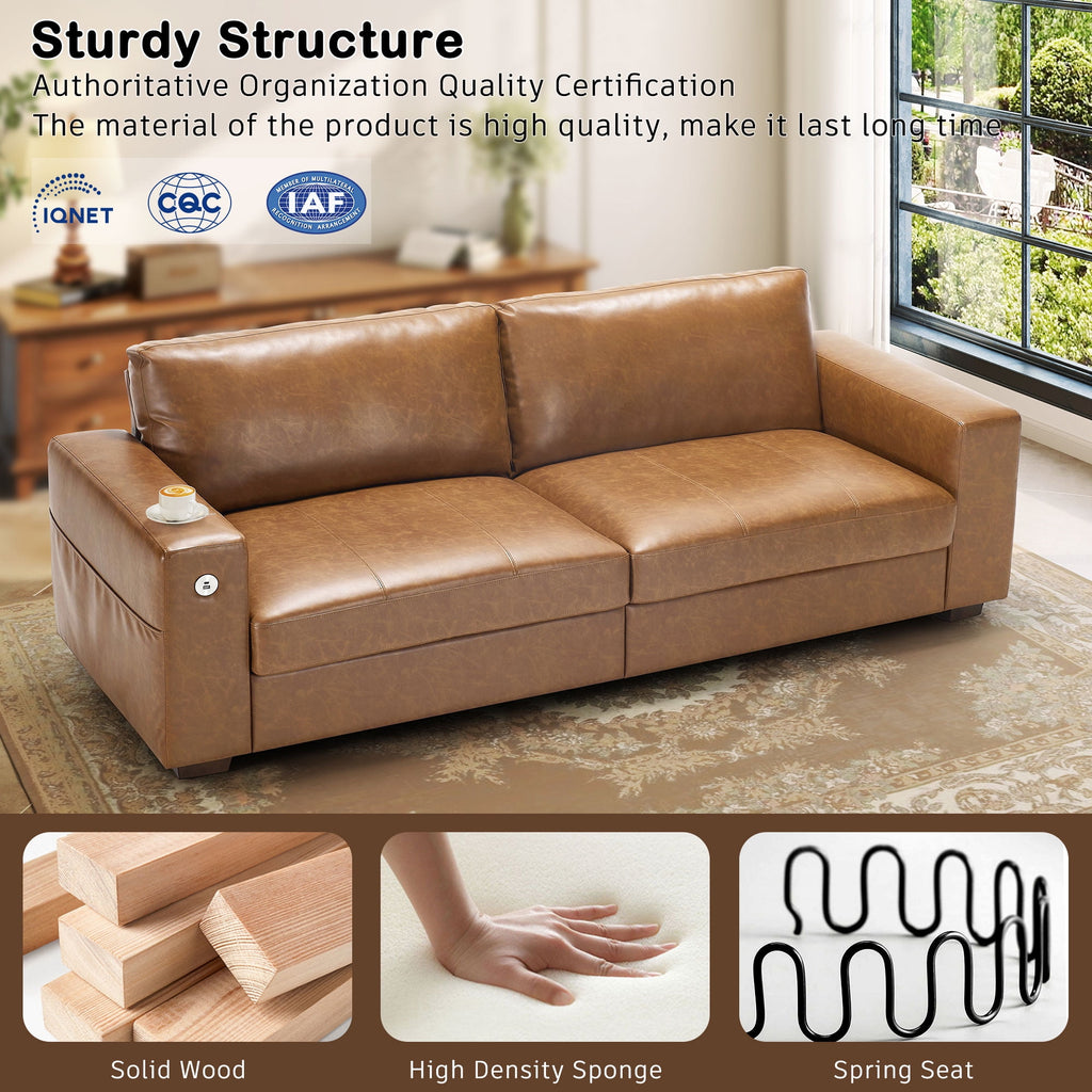 Bedluxury 89 Deep Sofa Couch with USB/Type-C Charging, Storage Pocket & Wide Armrest, Removable Cover, Seats 3 Adults, Chenille Beige