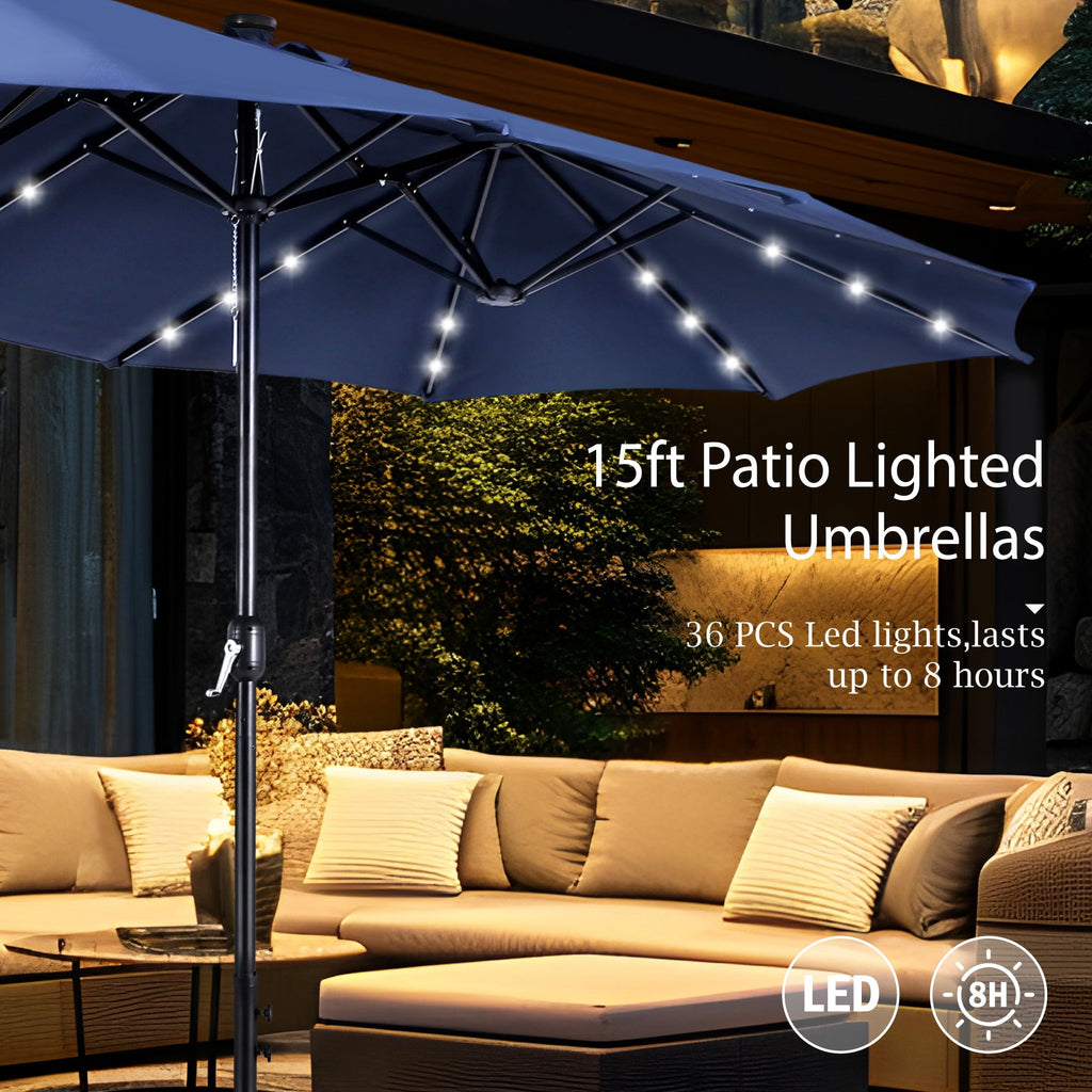 Alpha Joy 15ft Extra Large Outdoor Patio Double-Sided Umbrella with LED Solar Lights & Umbrella Base, Beige