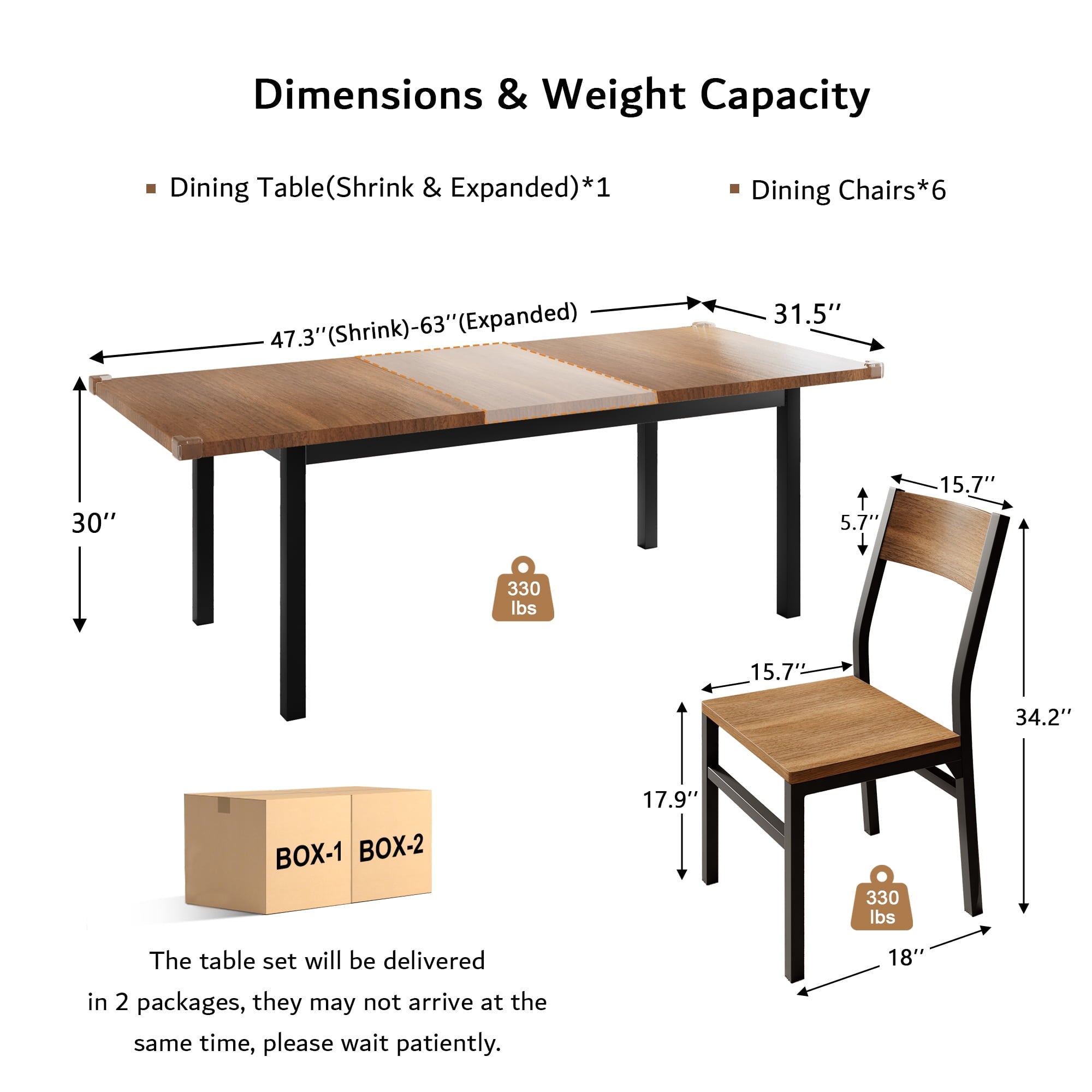 Virans 7-Piece Dining Table & Chairs Set for 4-6, 63 Extendable Kitchen Table with 6 Chairs, Dining Room Table with Metal Frame & MDF Board, Perfect for Small Space, Easy Assembly,Espresso