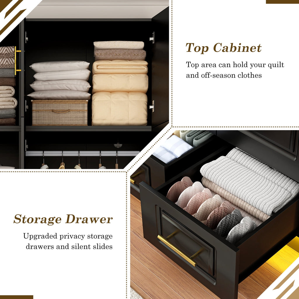 ChVans 3 Door Armoire Wardrobe Closet with Top Cabinet and Mirror, 94.5'' LED Wardrobe Armoire with 3 Drawers, Hanging Rod & Multi-Layer Shelves for Bedroom, Black