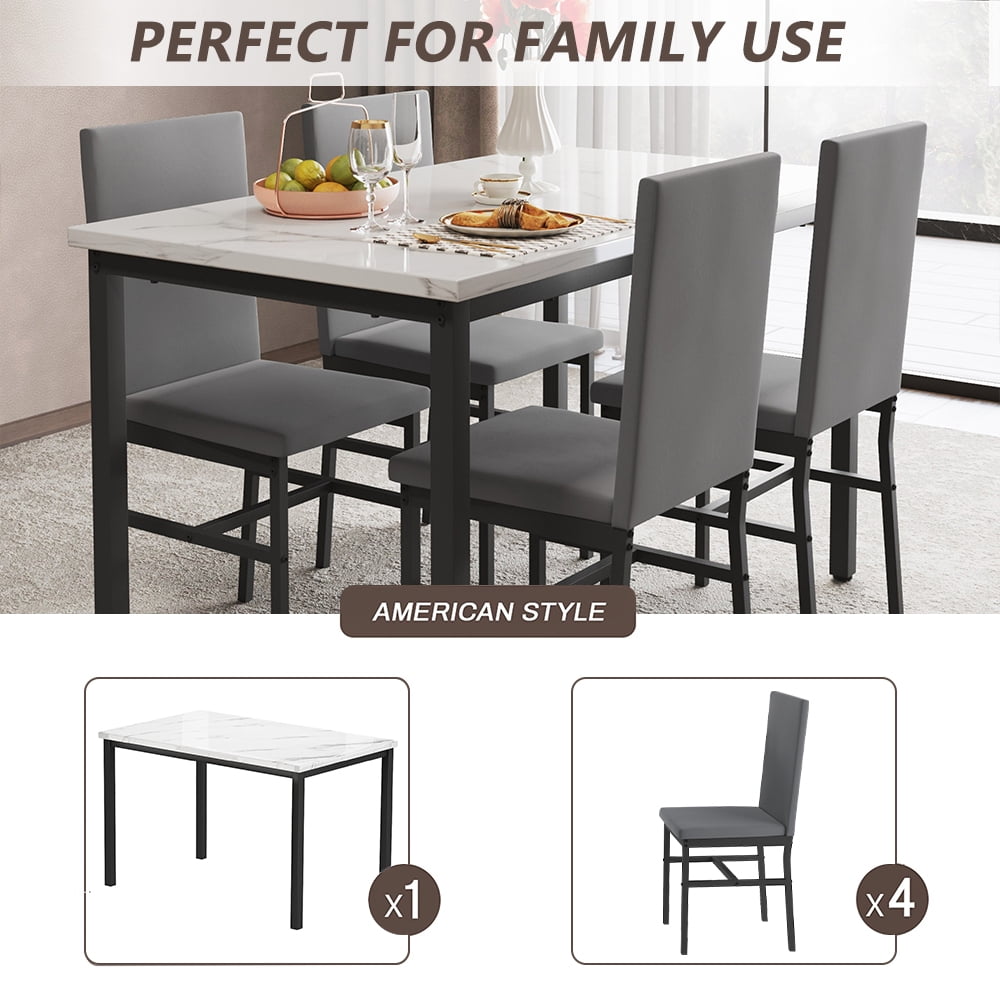 5 Piece Dining Table Set, Modern Faux Marble Tabletop and 4 PU Leather Upholstered Chairs, Rectangle Kitchen Table and Chairs for 4 Persons, Small Dining Set for Bar Dining Room Breakfast Nook