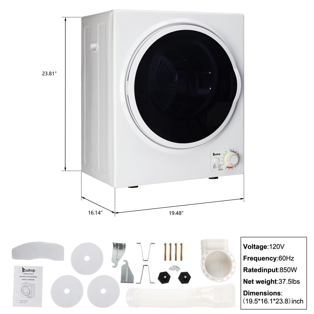 Tcbosik ZOKOP 1.6 cuft Compact Portable Household Clothes Dryer, 120V Stainless Steel Drum Dryer for Apartments, Home, Dorm, MECHANICAL Control and ETL Certification, Black & White