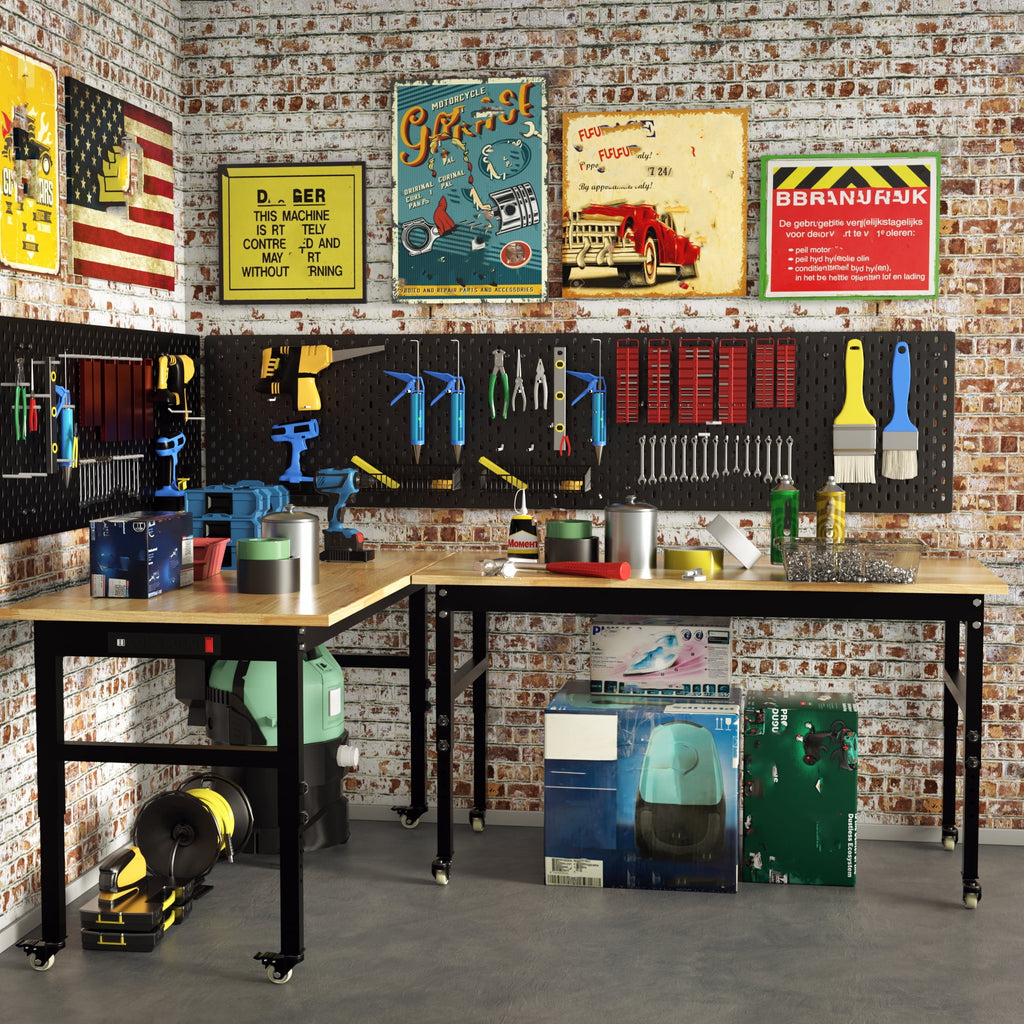 Joywind 60 Heavy-Duty Adjustable Workbench with Locking Wheels, Power Strip & Pegboard – Rubber Wood Work Table for Garage, Workshop, Home Office