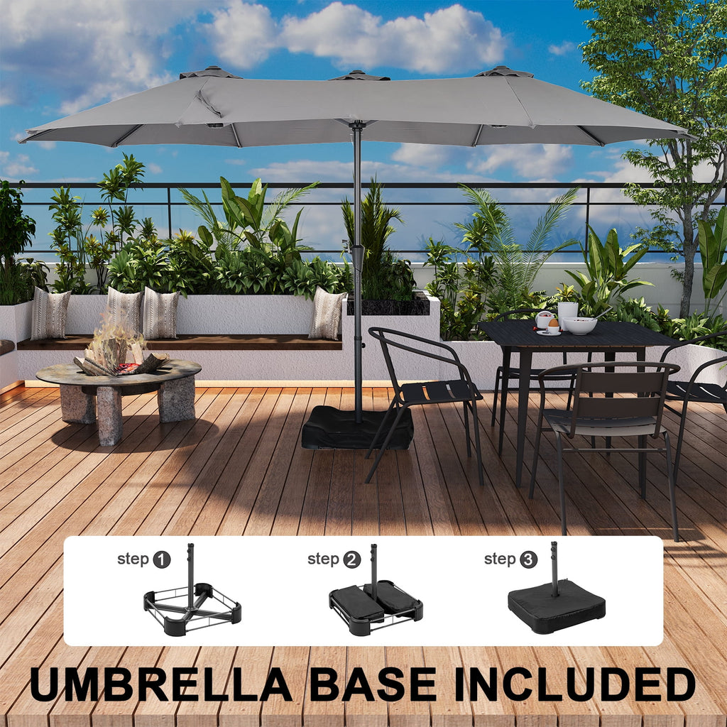 Ainfox 15ft Large Patio Umbrella with Solar Lights, Double-Sided Outdoor Rectangle Table Umbrellas with Sand Bag Base，Beige