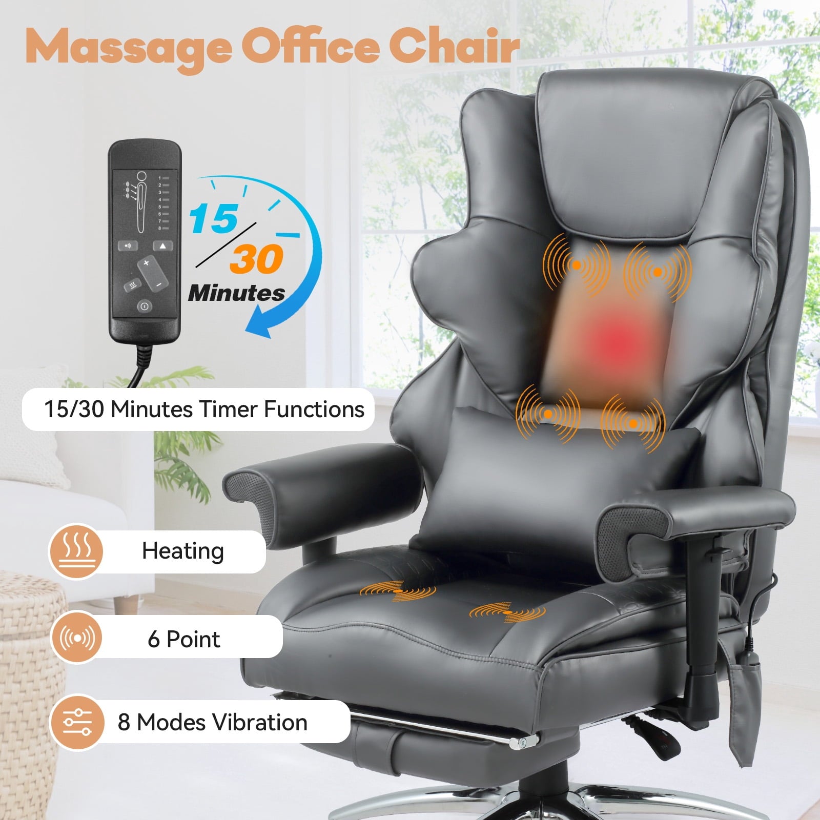 Massage & Heated Office Chair with Foot Rest, Ergonomic Executive Office Chair with Reclining Backrest, Adjustable Arms and Lumbar Support, High Back Leather Desk Chairs for Home Office, Beige