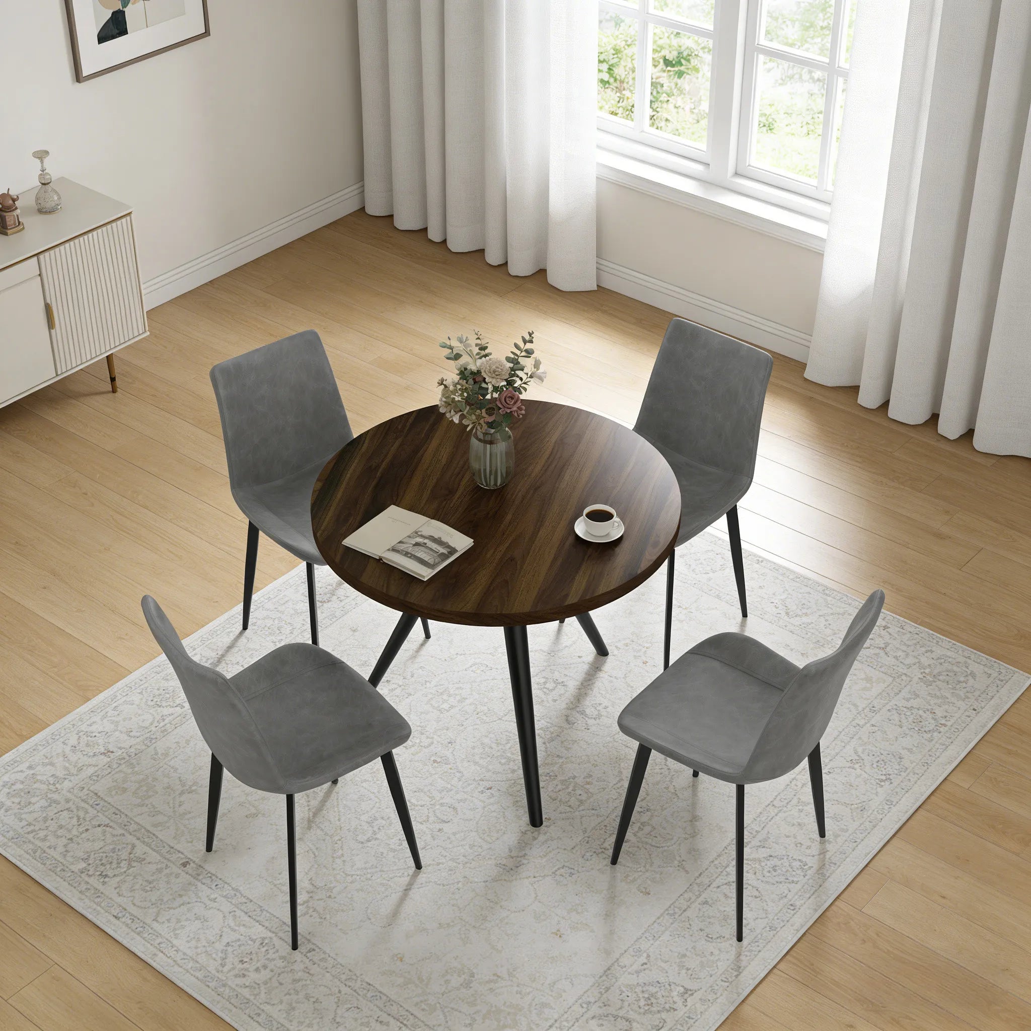 34.8 Round Dining Table Set for 4,5 Piece Mid-Century Modern Dining Set with 4 Upholstered Dining Chairs,Leisure Coffee Table for Kitchen Dining Room, Save Space
