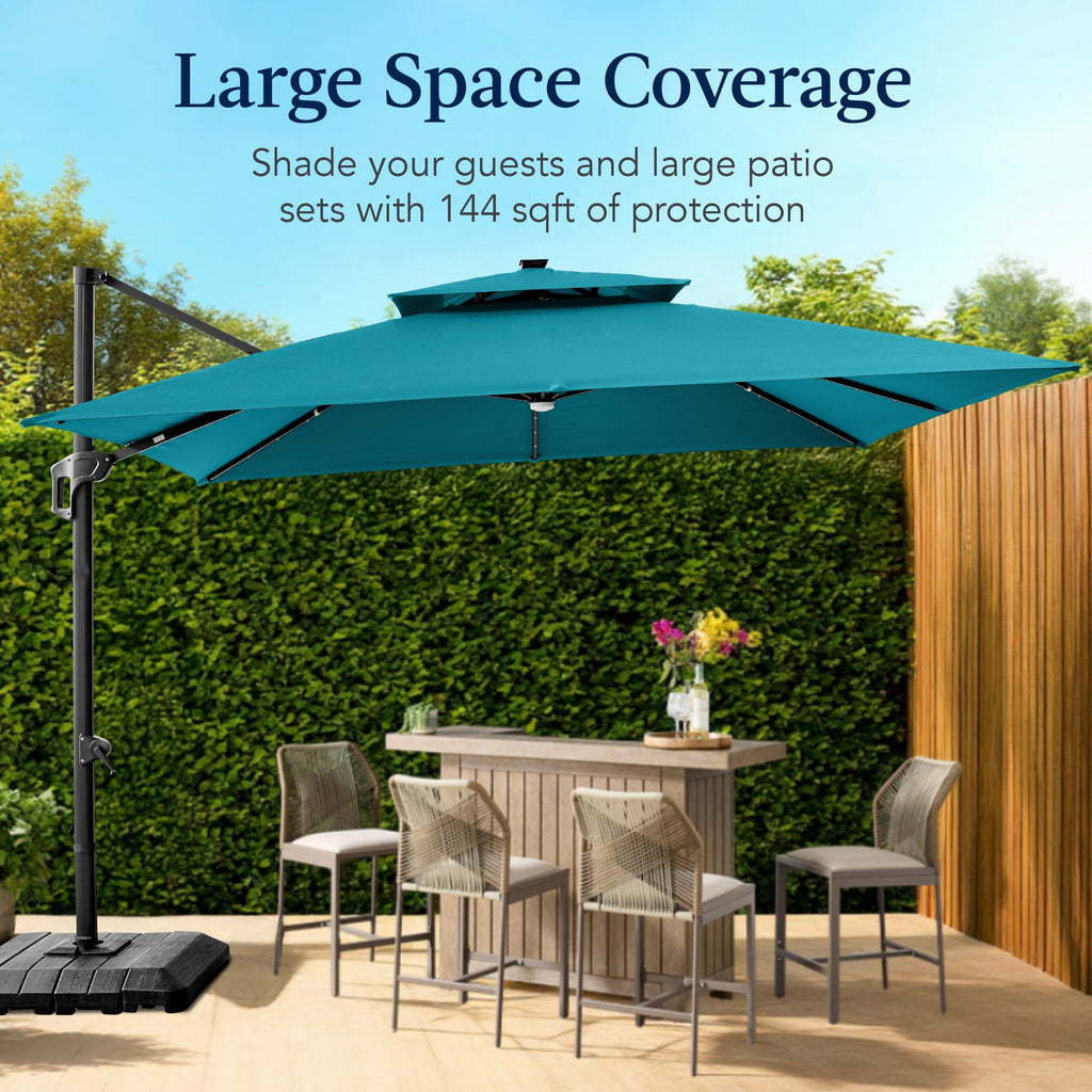 Best Choice Products 12x12ft 2-Tier Square Outdoor Solar LED Cantilever Umbrella w/ 360-Rotating Base   Gray