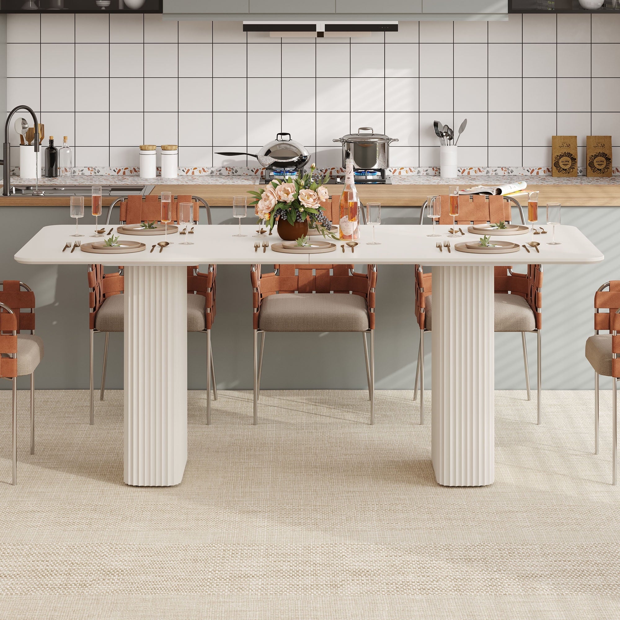 Dextrus 63  Modern Dining Table with Curved Wave Legs, Cream White Rectangular Kitchen Table for 4-6 Person, Dining Room Table for Gathering, Kitchen, Dining Living Room