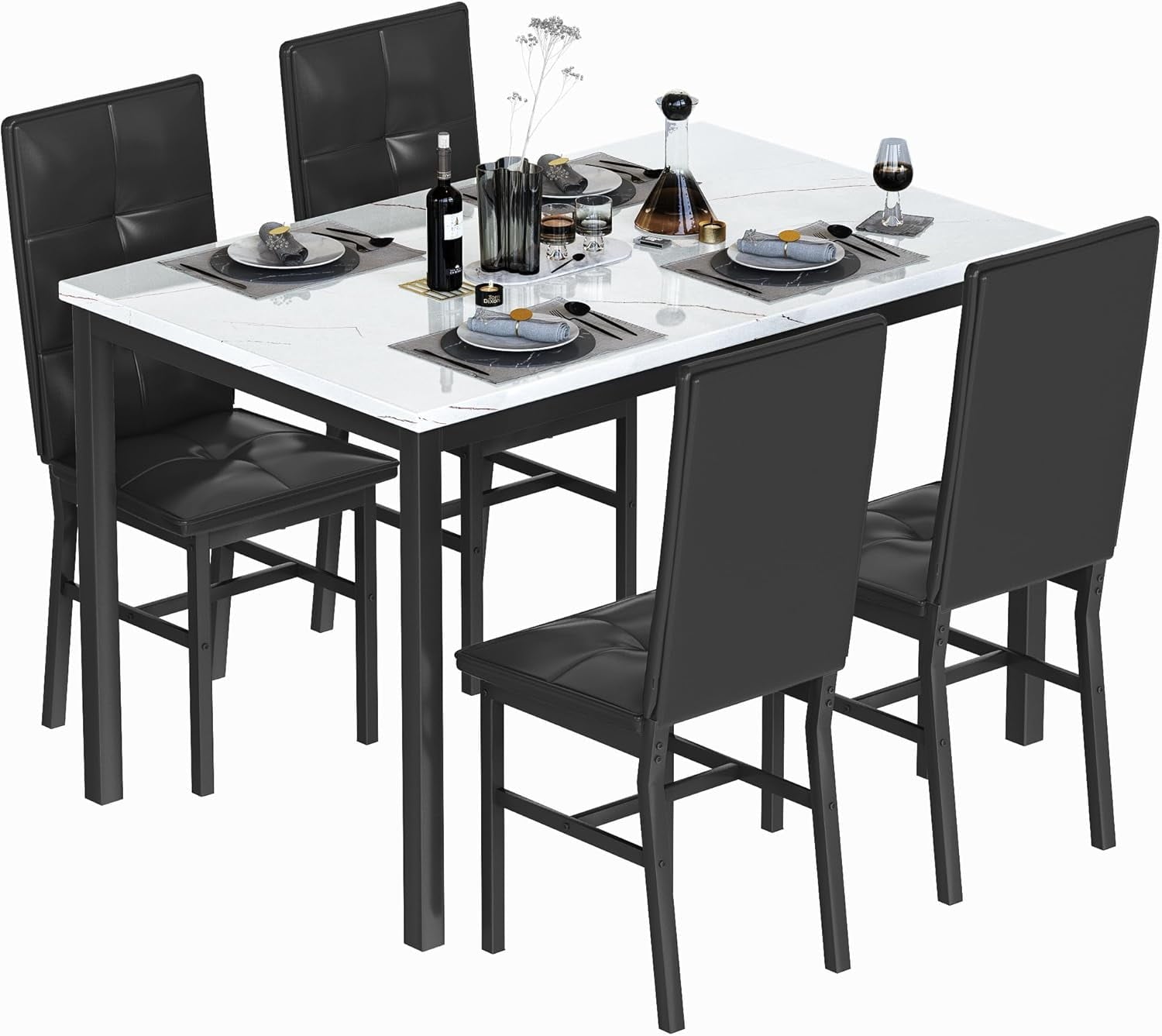 LinkRomat Dining Table Set for 4, Modern Faux Marble Tabletop and 4 PU Leather Upholstered Chairs, Kitchen Table and Chairs for Dining Room Breakfast Nook, Gray