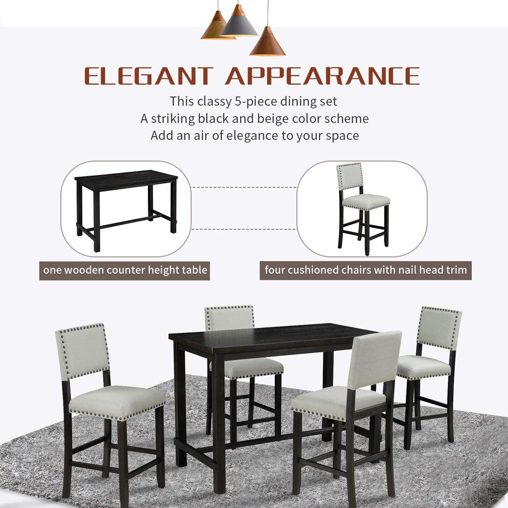 Harper & Bright Designs 5 Piece Dining Table Set Counter Height Dining Set with Classic Elegant Rectangel Table and 4 Padded Chairs for Kitchen Dining Room, Black and Beige
