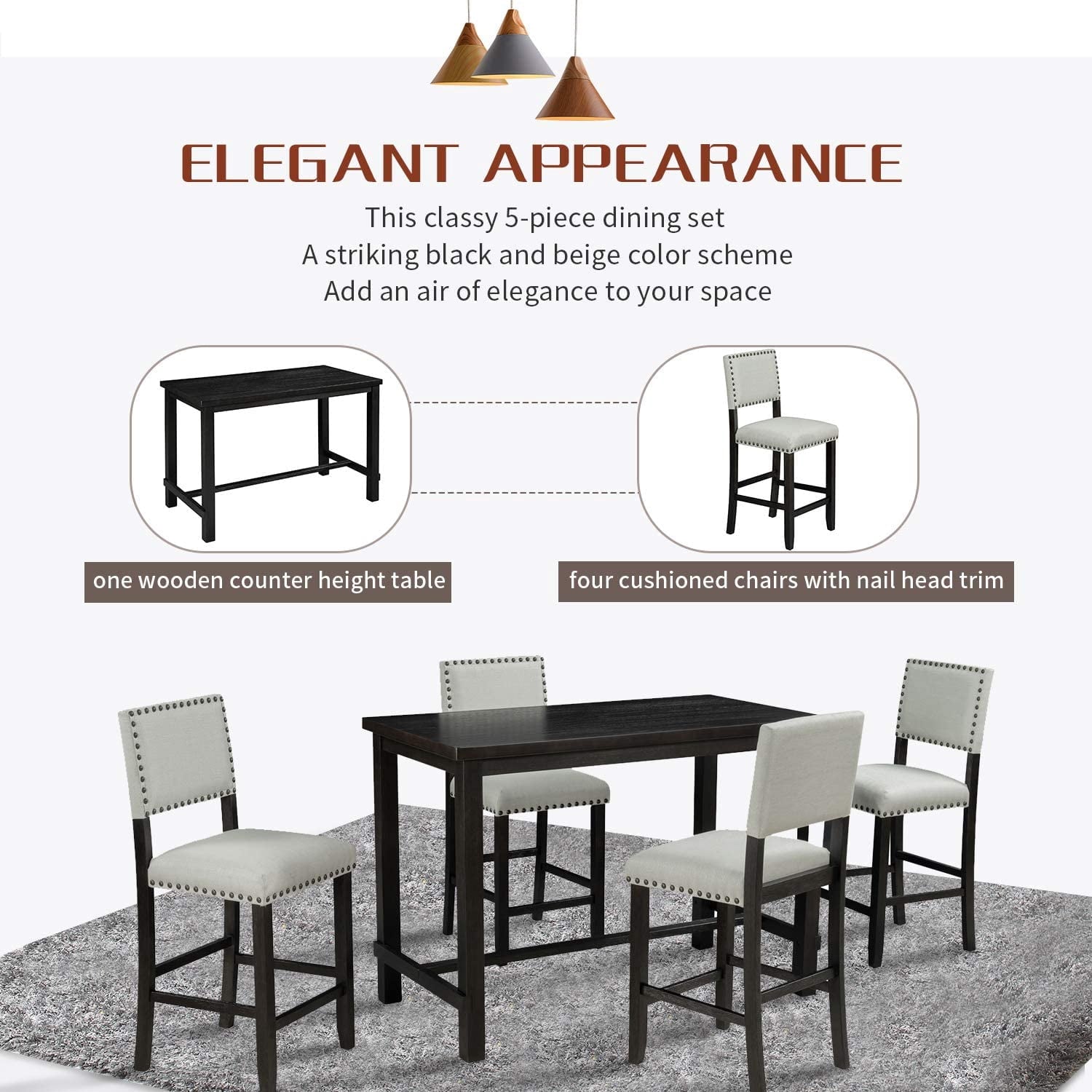 Harper & Bright Designs 5 Piece Dining Table Set Counter Height Dining Set with Classic Elegant Rectangel Table and 4 Padded Chairs for Kitchen Dining Room, Black and Beige