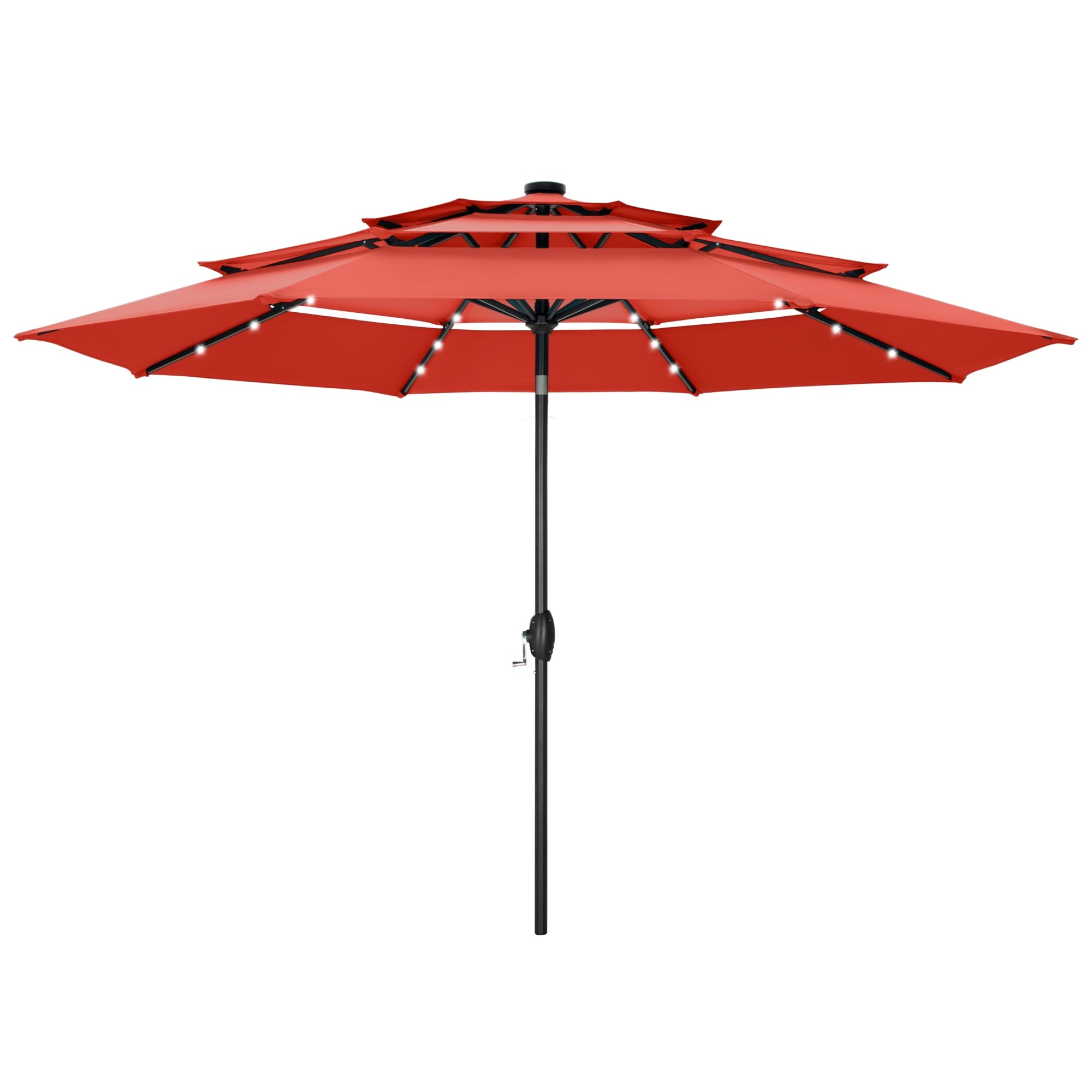 Summit Living 10ft Patio Umbrella with Solar Lights 3-Tier Vented Outdoor Market Umbrella with Auto-Tilt – Beige
