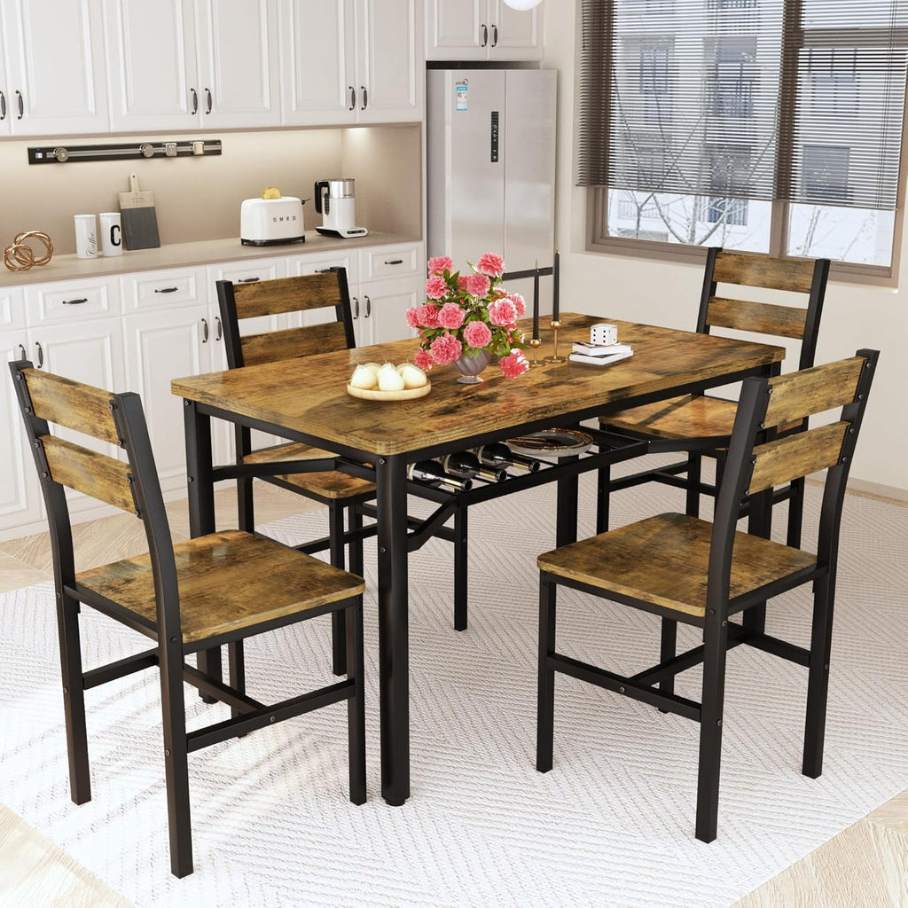 Baxluxe 4-person dining table set, farmhouse-style wooden kitchen dining table and chair set, farmhouse 5-piece dining table set with storage rack, small kitchen dining table set,Black