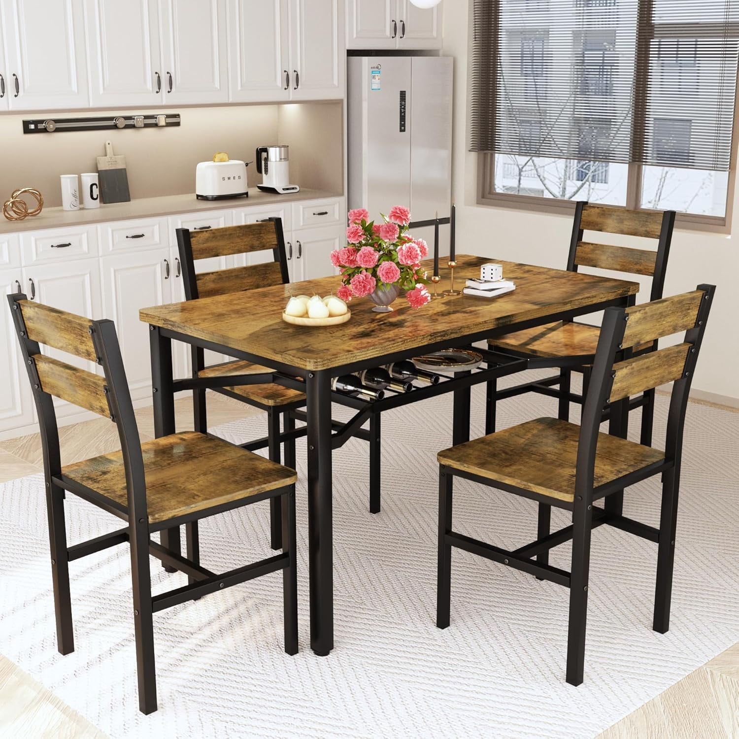 Baxluxe 4-person dining table set, farmhouse-style wooden kitchen dining table and chair set, farmhouse 5-piece dining table set with storage rack, small kitchen dining table set,Black