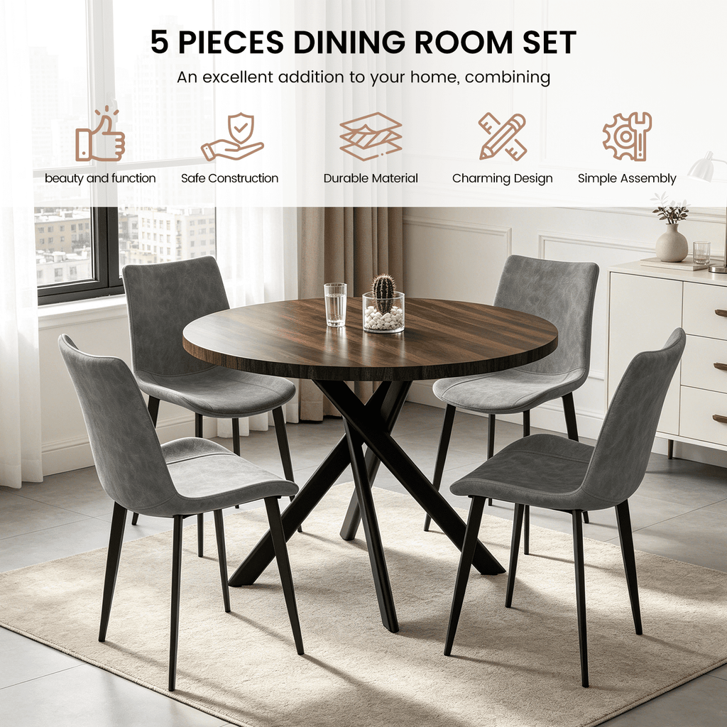 43.5 Round Dining Table for 4, Space Saving Kitchen Table with Metal Legs, Mid Century Modern Dining Table for Dining Living Room Apartment Small Space