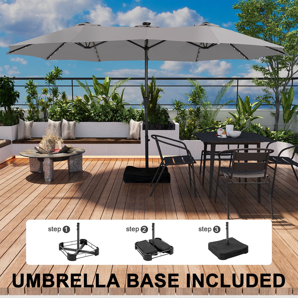 Ainfox 15ft Large Patio Umbrella with Solar Lights, Double-Sided Outdoor Rectangle Table Umbrellas with Sand Bag Base，Beige