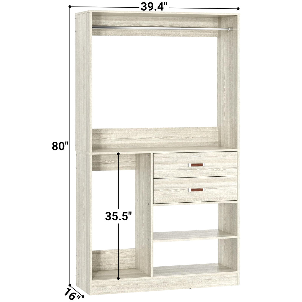 Homieasy Freestanding Closet System with Suitcase Storage, 40'' Closet Organizer System with 2 Wood Drawers and Hanging Rod, White