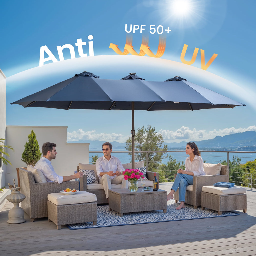 Ovios 15ft Solar LED Patio Umbrellas Double-Sided Outdoor Umbrella 36 LED Lights Large Poolside Umbrella with Base for Outside, Market, Backyard, Dark Grey