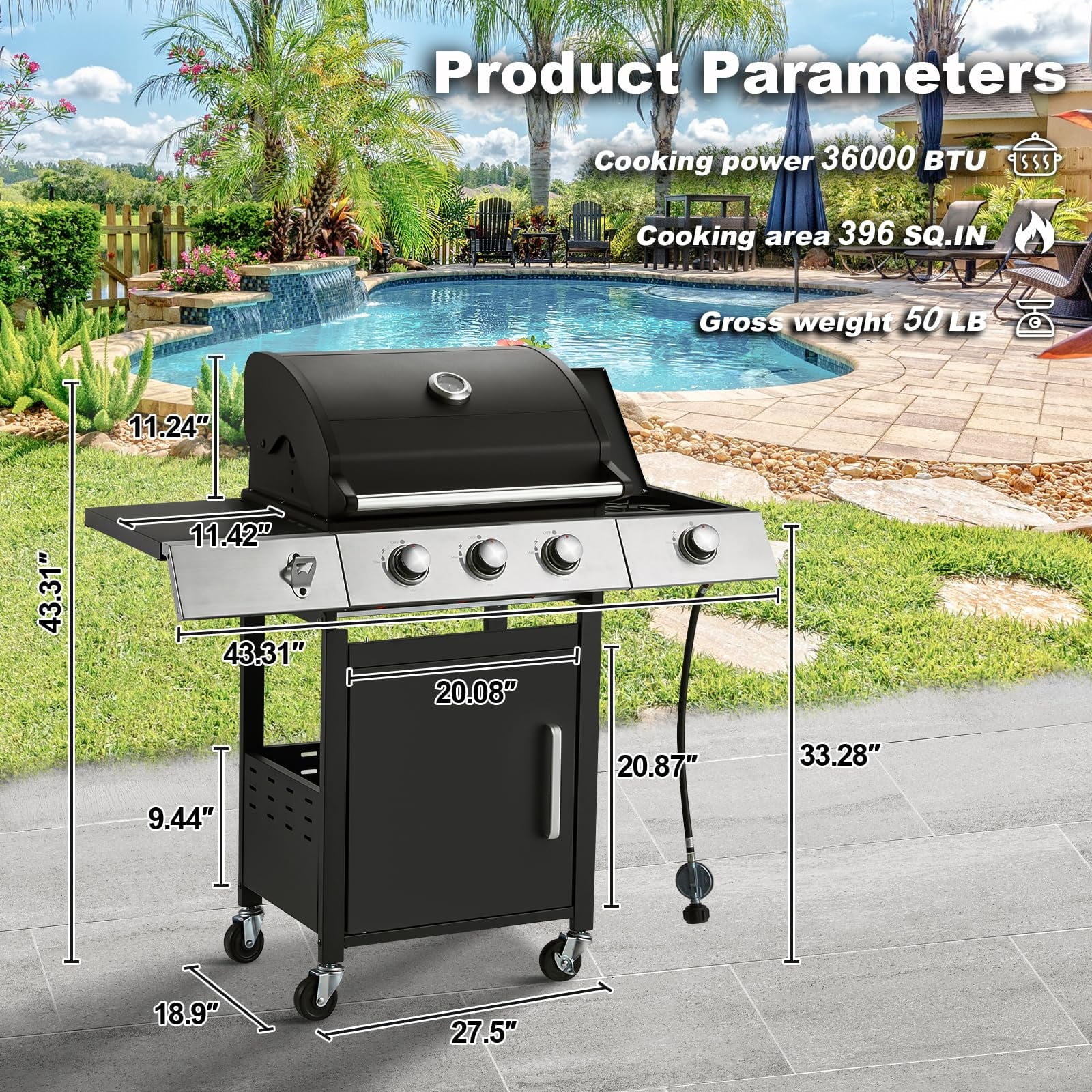 MELLCOM Upgraded 36,000 BTU Stainless Steel Burner Barbecue Grill, 3 Burner BBQ Propane Gas Grill with Cast Iron Grates & Side Stove for Patio, Camping, Outdoor Cooking
