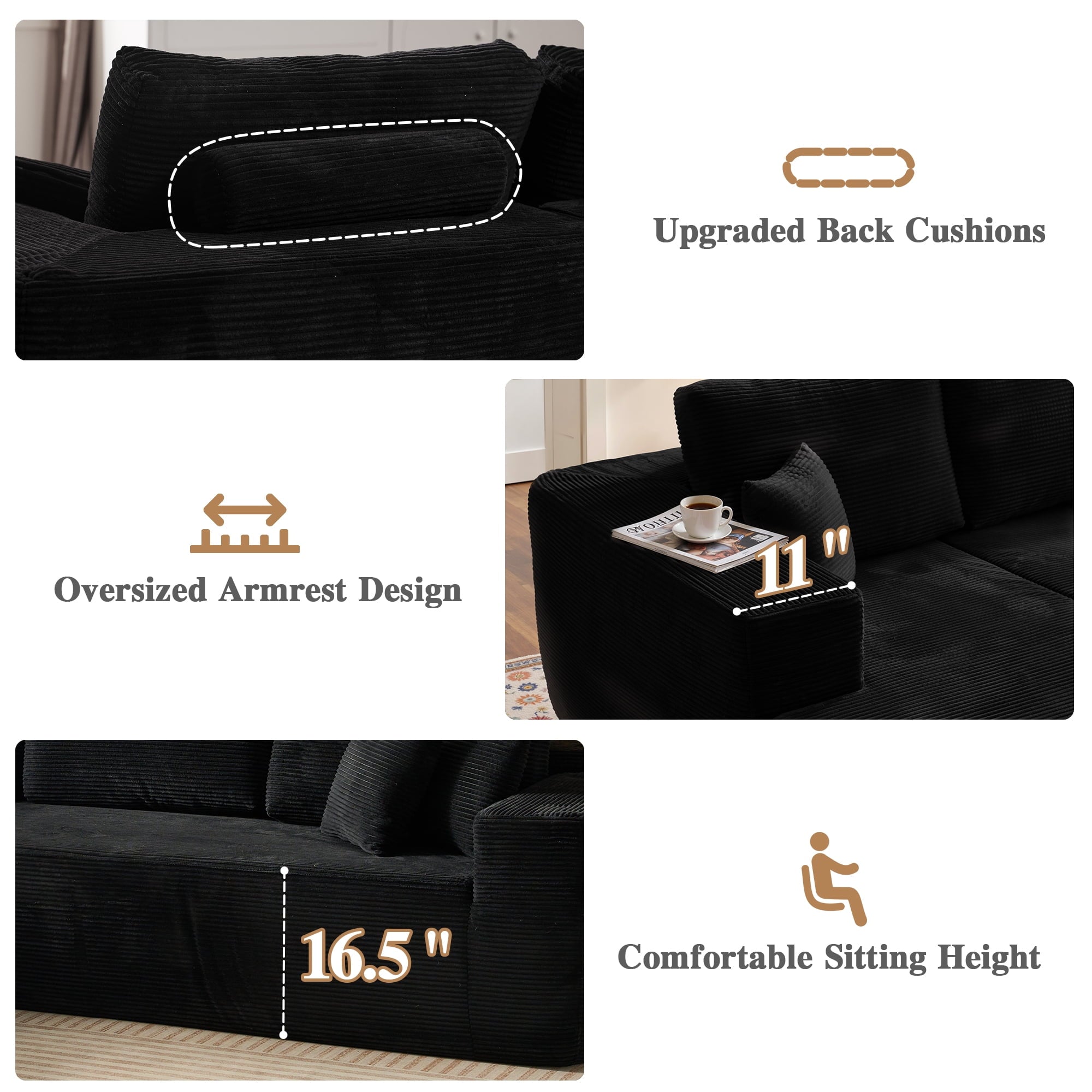 Ovios 106 Cloud Sofa Couch No Assembly Boneless Deep Seat Sofa for Living Room, Black (Corduroy)